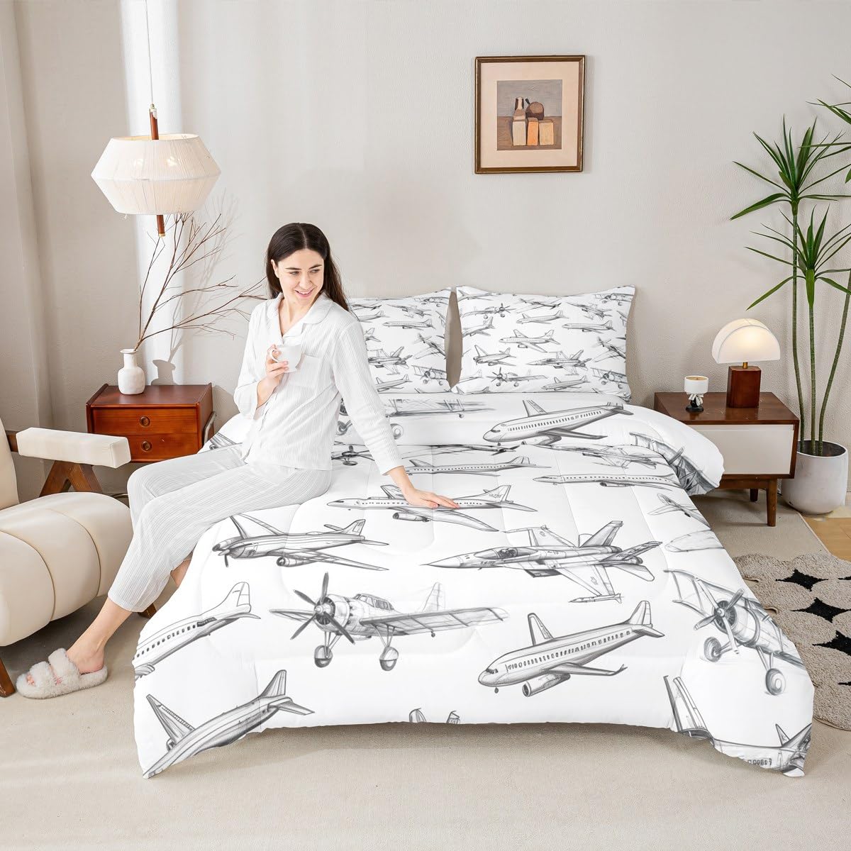 Homewish Airplane Comforter Set Twin Size Aircraft Bedding Set 2Pcs for Kids Girls Boys Teens Bedroom Decor Black White Sketch Print Quilt Set Flying Theme Duvet Insert,1 Pillowcase
