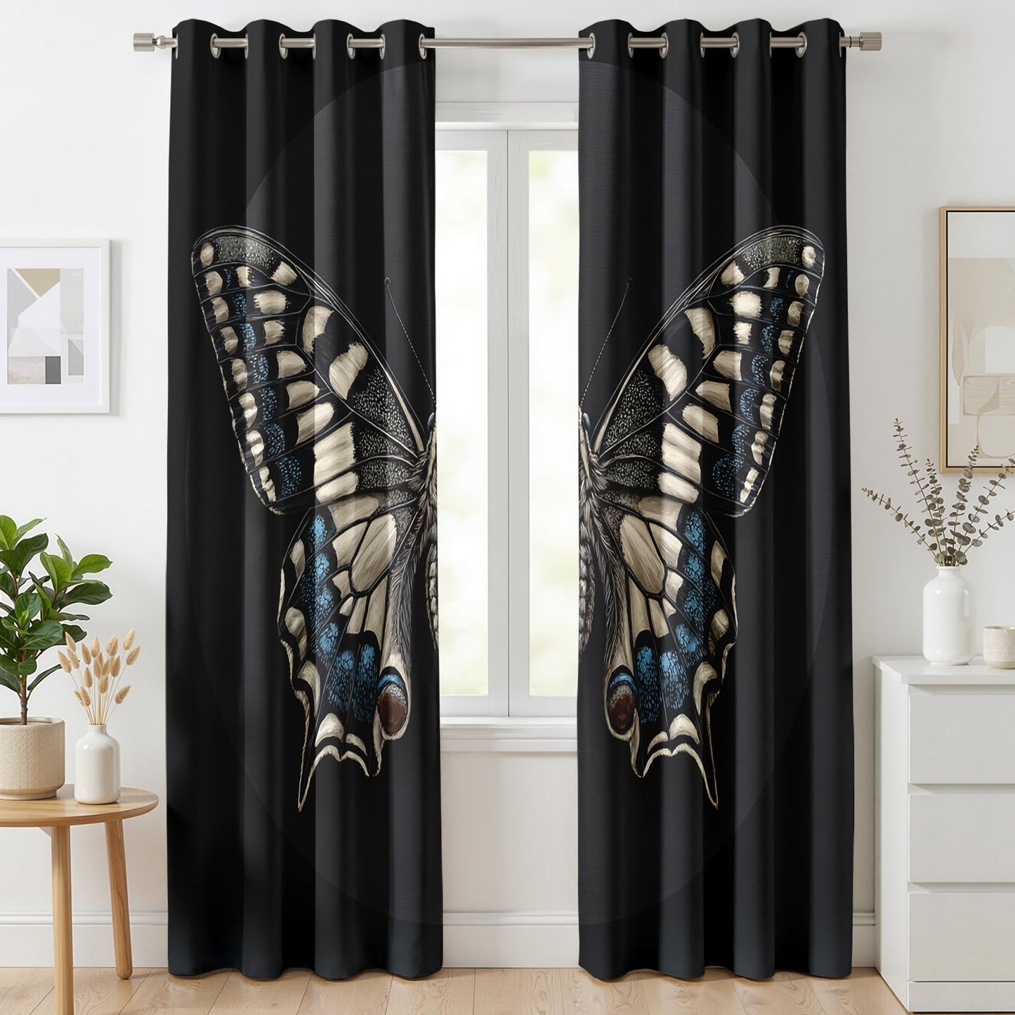 Mistwalk Butterfly Curtains Blackout, 63 Inch Curtains for Bedroom & Living Room, Room Darkening Thermal Insulated Grommet Drapes, Insect Moth Patterned Window Treatments