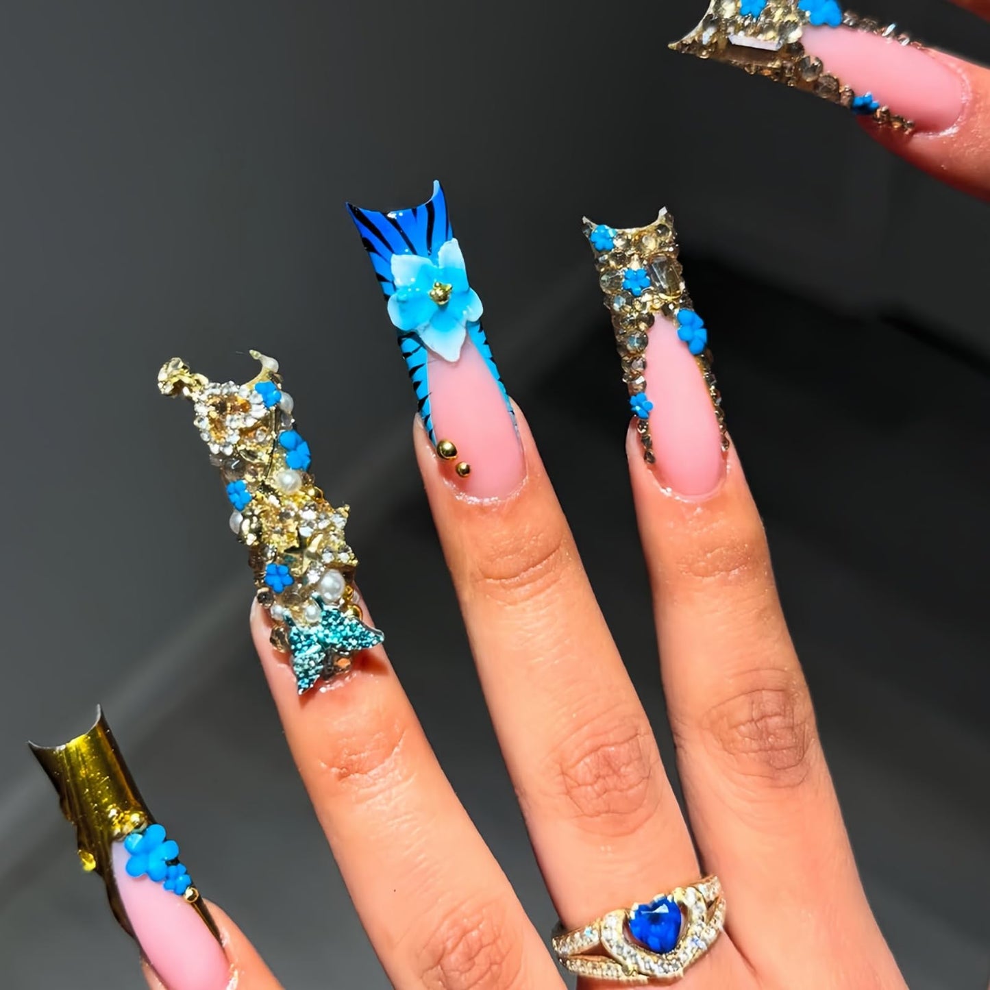 SEENEEY Press on Nails Square Long Fake Nails Blue Extra Long Nail Press Ons with Flowers Designs Artificial Stick on Nail for Women 24pcs
