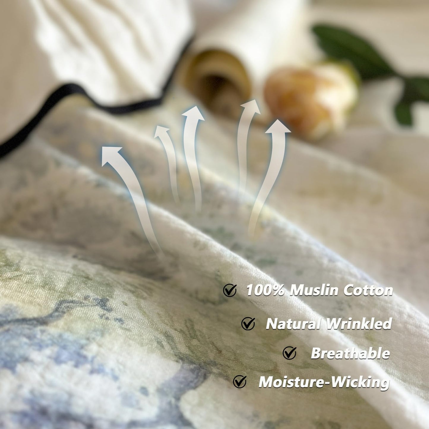 VM VOUGEMARKET Romantic Ruffle Duvet Cover Queen Breathable Muslin Cotton Wash Painting Style Duvet Cover Soft Linen Like Gauze Bedding Set-Queen Size