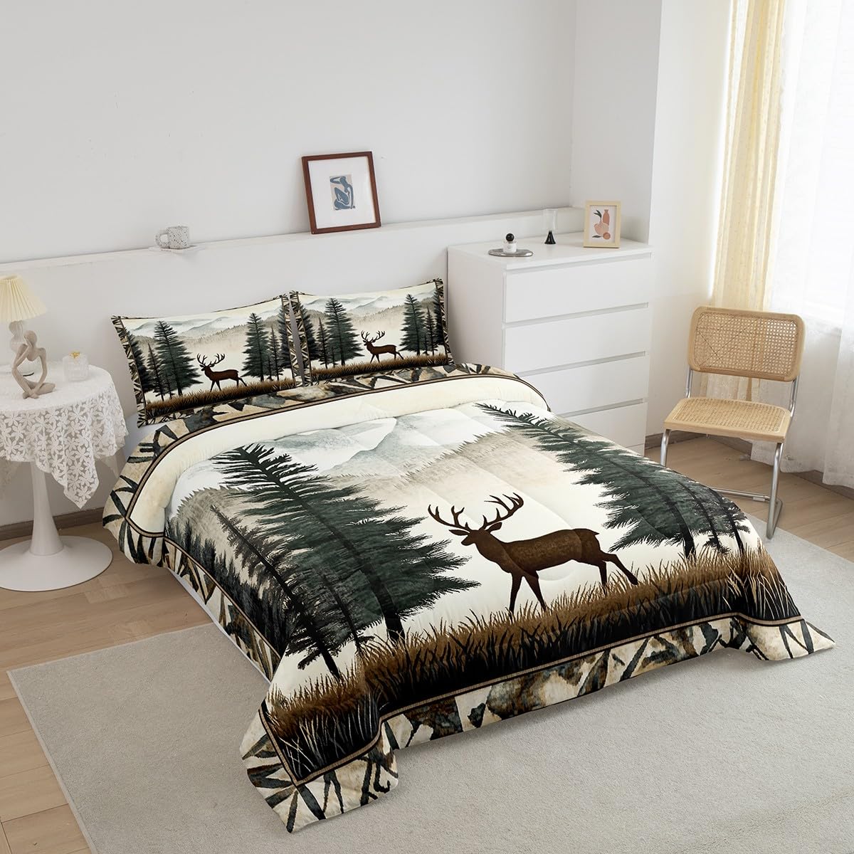 Deer Bedding Set Full Size,Pine Tree Animal Comforter Set for Kids Girls Boys Adults Room Decor,Foggy Mountain Plant Wildlife Duvet Insert 3Pcs,Retro Rustic Style Microfiber Quilt Set,2 Pillowcases
