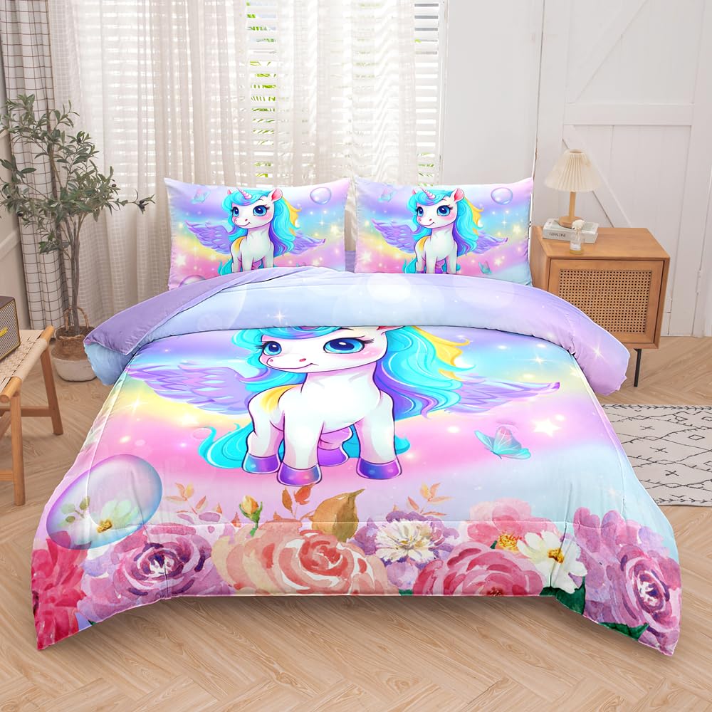 RUPSLO 5PCS Unicorn Comforter Sets,Girls Bedding Sets,Unicorn Bedding Sets,Twin Comforter Set for Girls(Unicorns Bed Sets with Sheets)