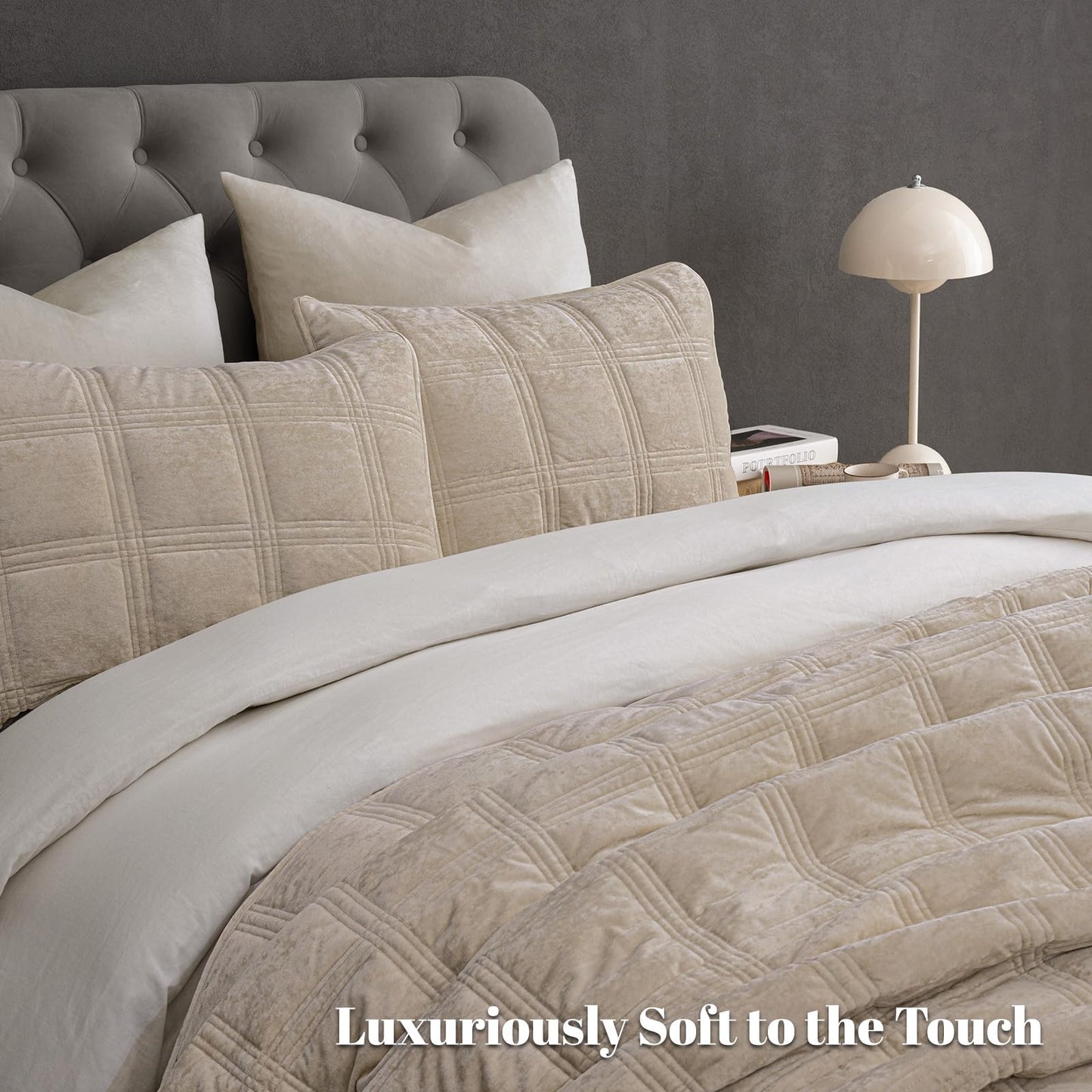 PHF Ultra Soft Velvet Quilt Set Queen Size – 3PCS Luxurious Cozy Quilted Comforter Alternative with Diamond Pattern, Warm Quilted Bedspread Coverlet, 90" x 92", Oxford Tan