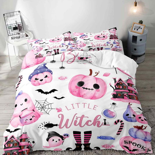 LUVIVIHOME 3PCS Pink Cute Ghost Pumpkin Duvet Cover Queen Bedding Sets, Kids Teen Girls Bedding, White Duvet Cover, Bat Spider Web Haunted House Spooky Witchy Halloween Comforter Cover, 2 Pillow Cases