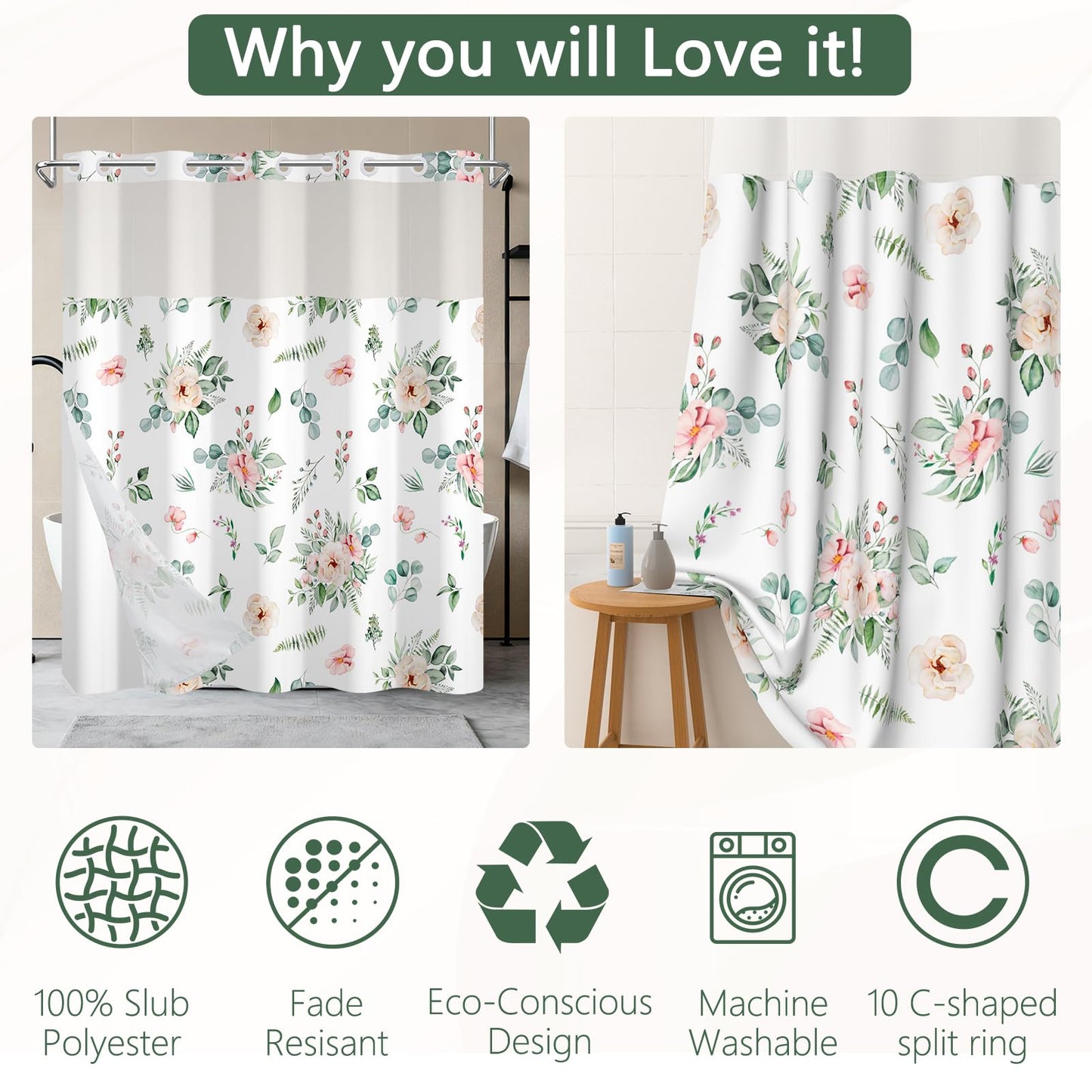 NAEMBCU No Hook Shower Curtain with Snap in Liner 71x74 Inch
