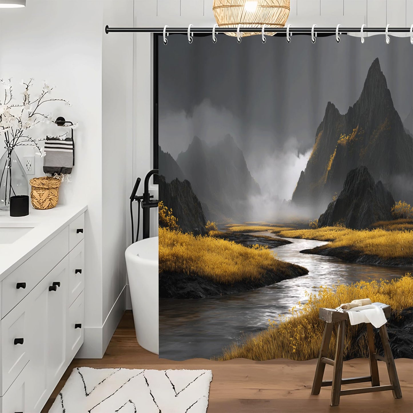ZROLUW Mountains River Shower Curtain Set 36" W x 72" L Nature Scenery Landscape Bath Curtain Bathroom Fabric Polyester Waterproof Modern Shower Curtains with Hooks