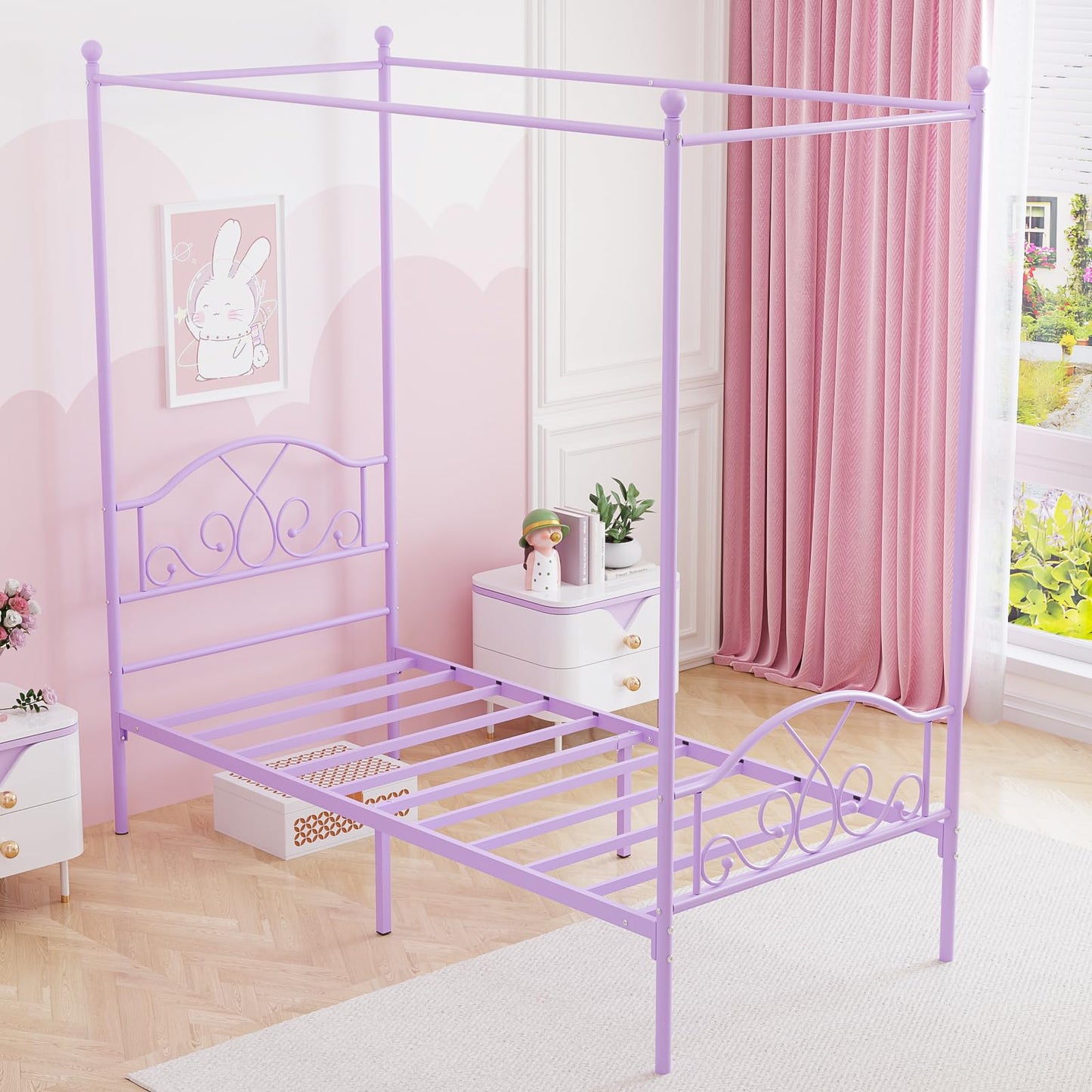 Weehom Princess Canopy Bed Frame with 4 Posters, Sturdy Metal Platform with Headboard&Footboard No Box Spring Needed Twin Size Bed for Kids Girls Adults,Purple