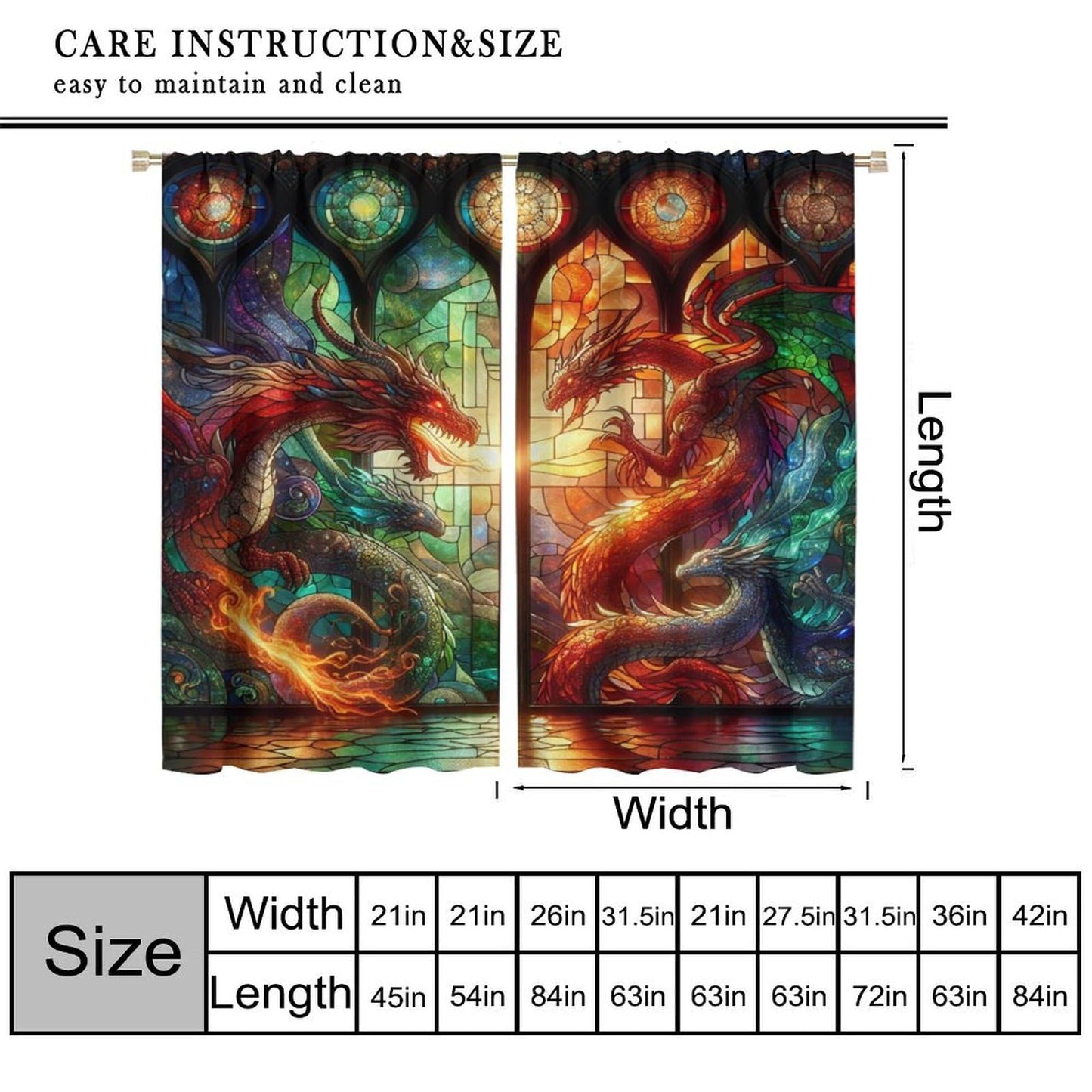 FengMingRui Western Dragon Kids Window Curtains, Stained Glass Green Red Dragon Natural Window Treatments for Boys Girls Bedroom Game Room Window Drapes 42" W X 45" L