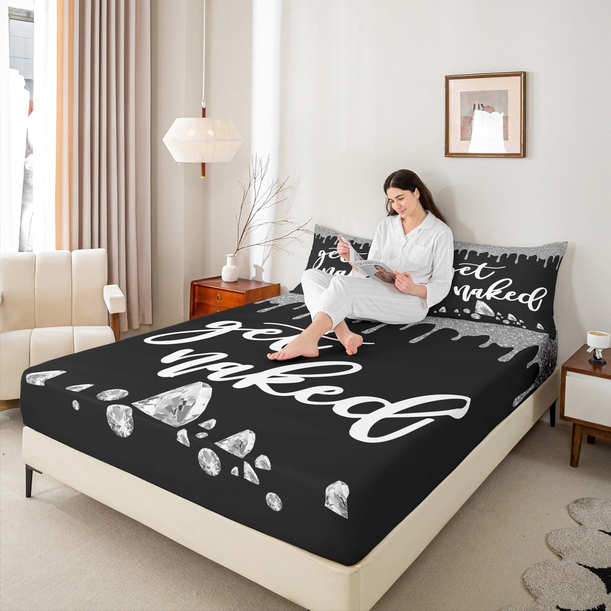 Get Naked Bed Sheet Set Full Size Silver Grey Black Glitter Bedding Set for Kids Boys Girls Teens Bedroom Decor Luxury Shining Diamond Fitted Sheet Women Men Funny Quotes Modern Bedding Sheets