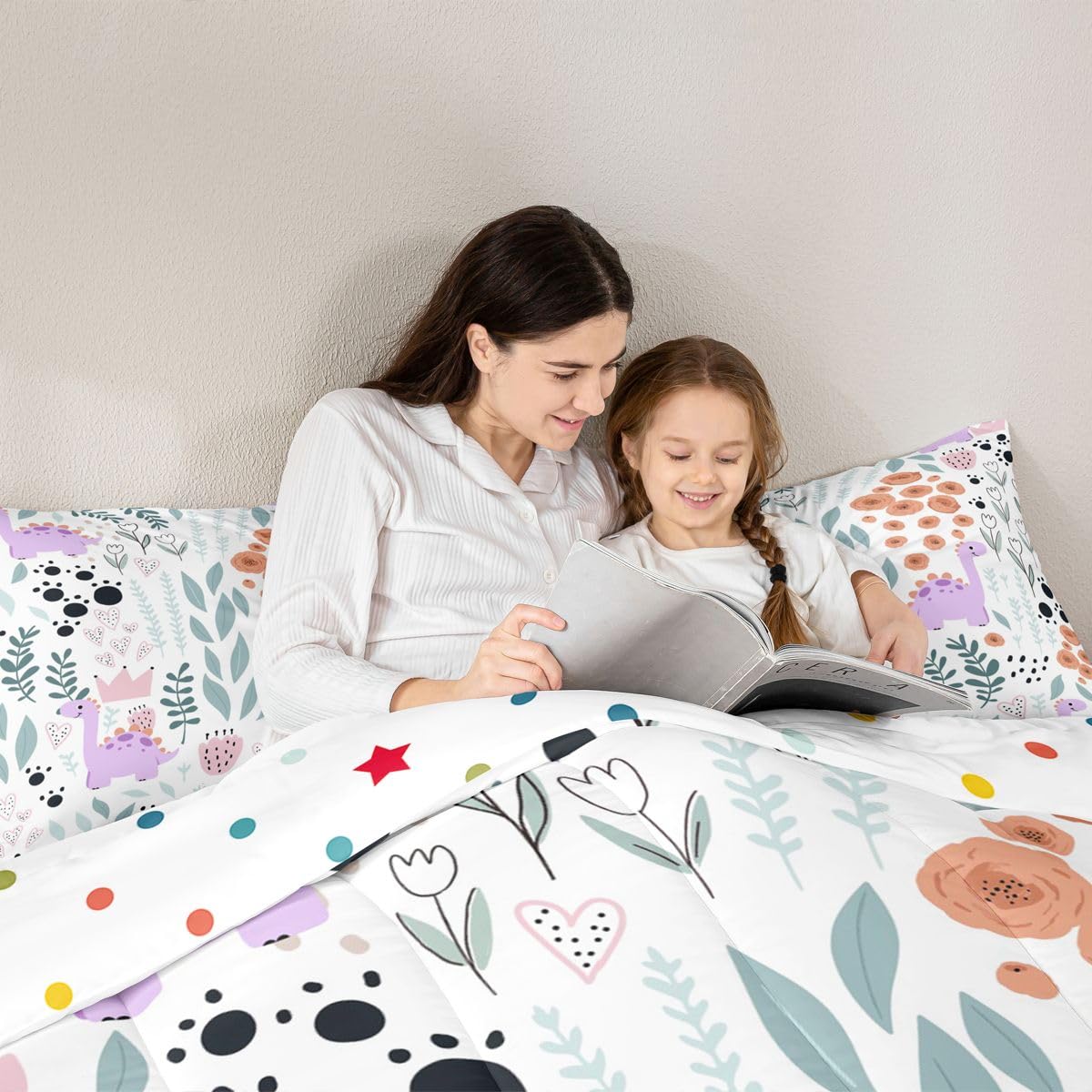 Erosebridal Kawaii Dinosaur Bedding Set Twin,Cartoon Purple Dino Comforter Set for Kids Girls Boys,Cute Love Heart Leaf Flower Comforter Set,Paw Print Wild Animals Quilt Bed Set with 1 Pillow Case