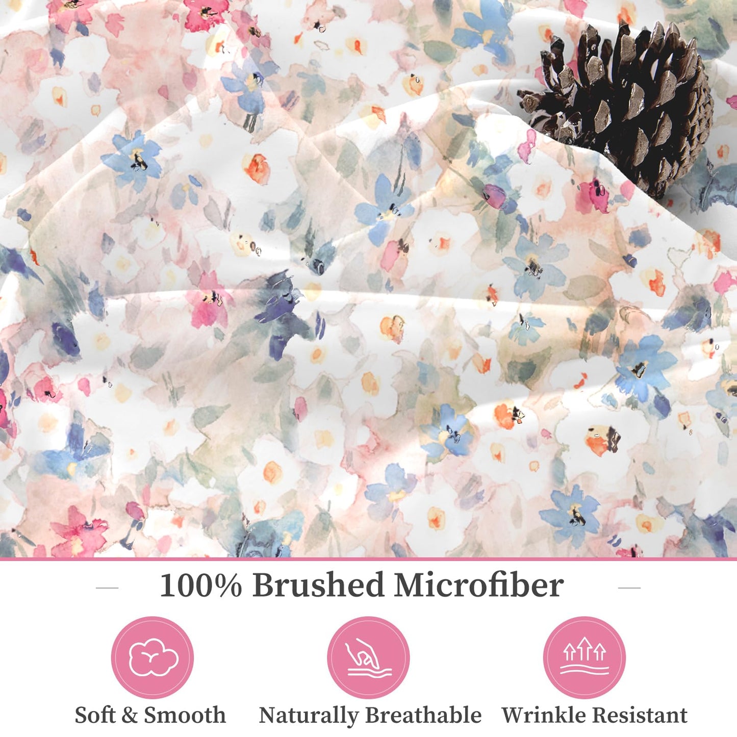 HCORA Floral Fitted Sheet with Pillow Cases, 100% Brushed Microfibre Deep Pocket Fitted Bottom Sheet, Ultra Soft, Shrinkage and Fade Resistant, Full Size