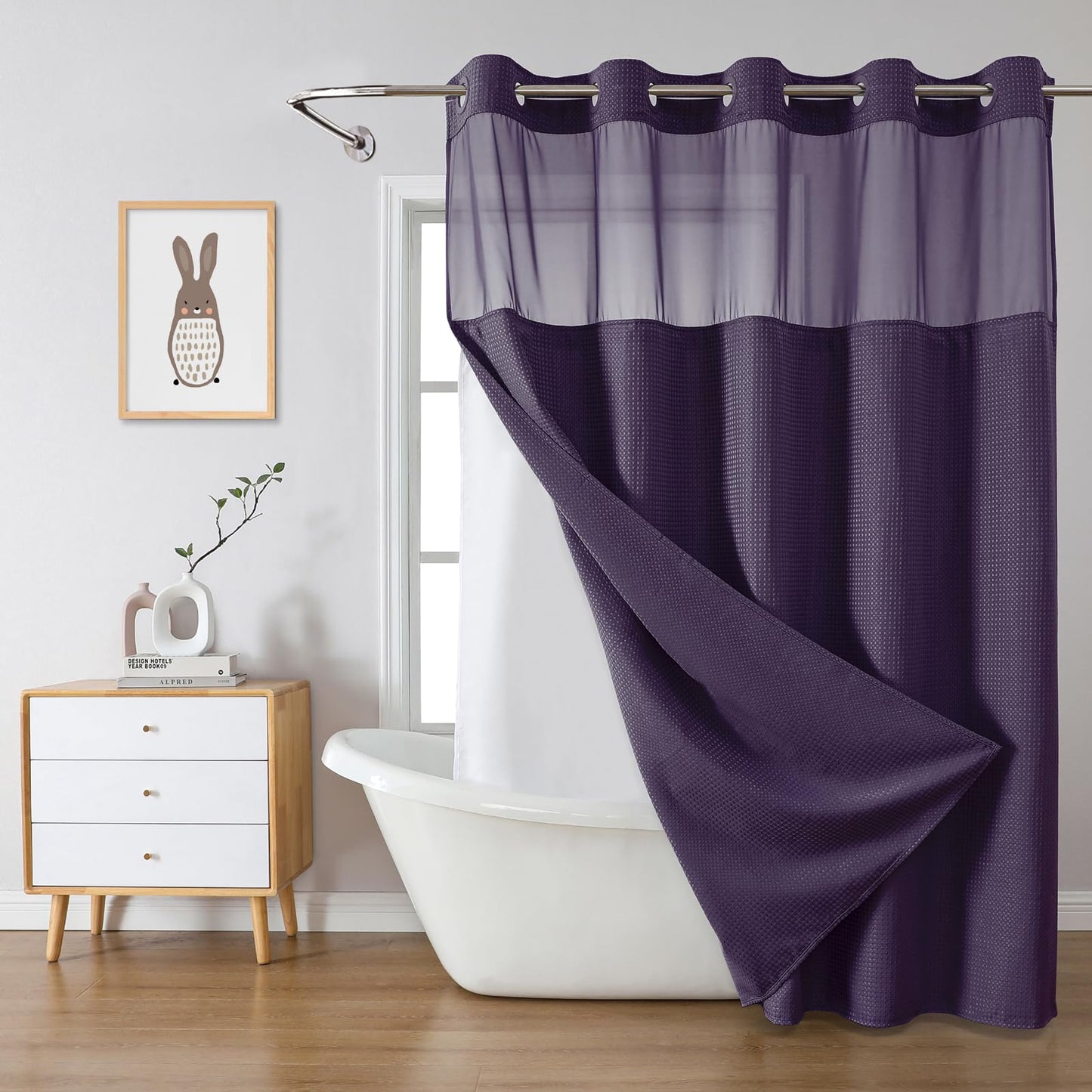 eachope Purple No Hook Waffle Weave Shower Curtain with snap-in Liner Replacement, 230GSM Waterproof Fabric Hotel Shower Curtain Set for Bathroom, Through Mesh Top Window,71Wx74H