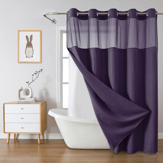 eachope Purple No Hook Waffle Weave Shower Curtain with snap-in Liner Replacement, 230GSM Waterproof Fabric Hotel Shower Curtain Set for Bathroom, Through Mesh Top Window,71Wx74H