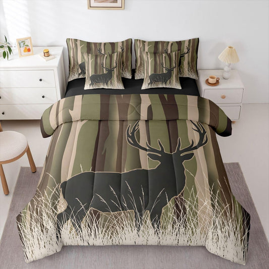 Feelyou Camouflage Deer Comforter Set Twin Size 7 Pieces Deer Hunting Bedding Set for Kids Boys Girls Camo Bed in a Bag with Comforter, Sheets, Pillowcases, Cushion Covers Wild Animal Bedroom Decor