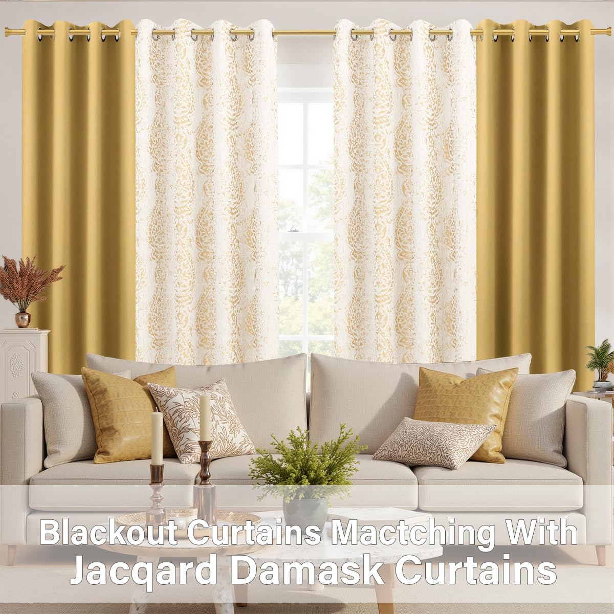 KOUFALL Gold Patterned Elegant Curtains for Living Room, Blackout Damask Pattern Luxury Modern Design Contemporary Curtains for Bedroom, Wide 52 x 84 Inches Long, 2 Panels Set