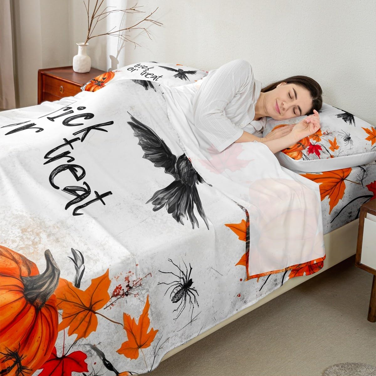 Feelyou Kids Halloween Bed Sheets Set Full Size, Pumpkin Sheet Set Boys Girls Trick or Treat Bedding Set Spider Web Teens Bedroom Decor Soft Bed Set 4Pcs