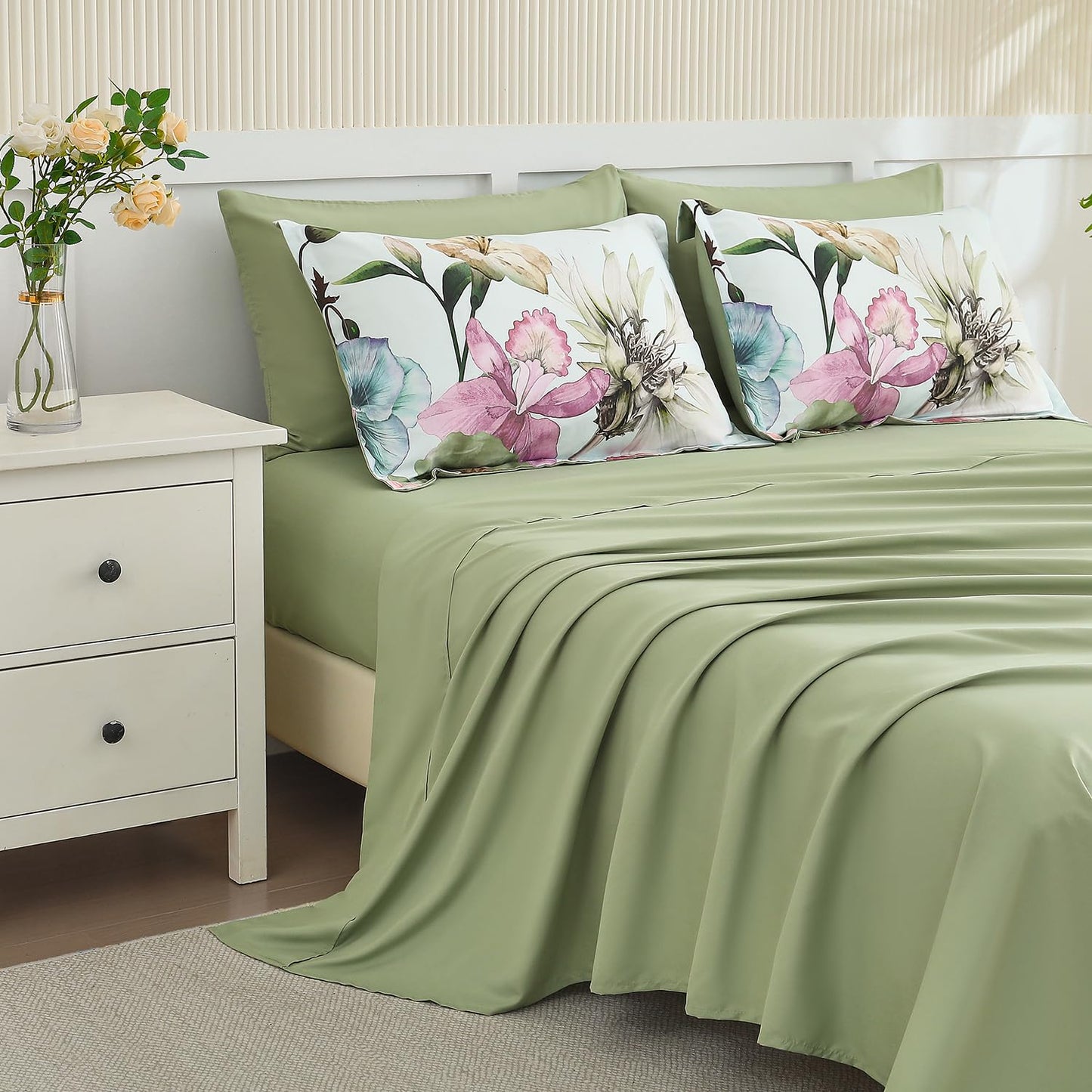 Yogeneg King Size Comforter Set 7 Piece Bed in a Bag,Elegant Floral Botanical Pattern Green Bedding Set,Soft Microfiber Comforter with Sheet Set,All Season Bed Set(Green Floral,King)