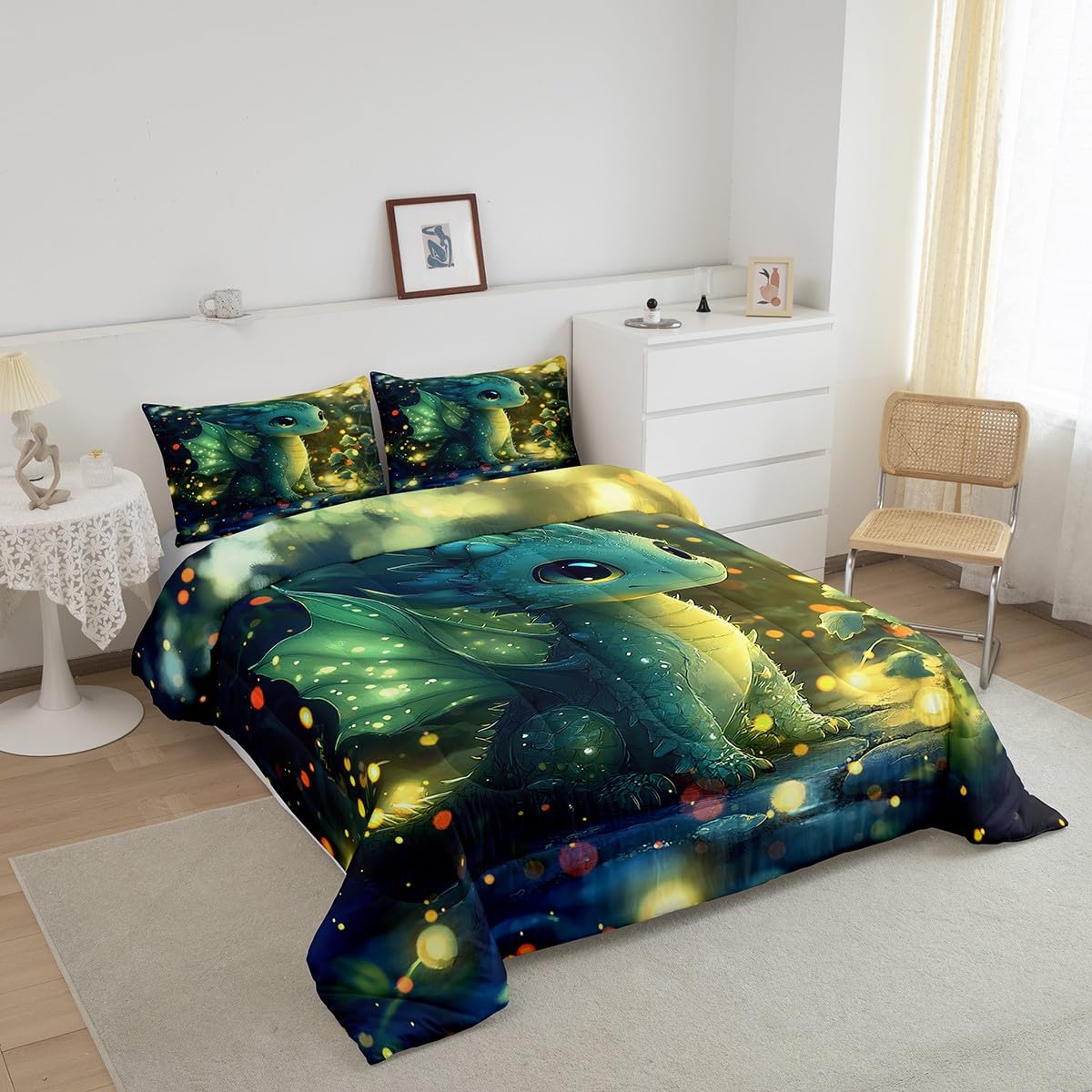 Feelyou Dragon Comforter Set Twin Size Dragon Stuff Comforter for Boys Girls Teens Kawaii Bedding Set Room Decor Bright Green Quilt Set