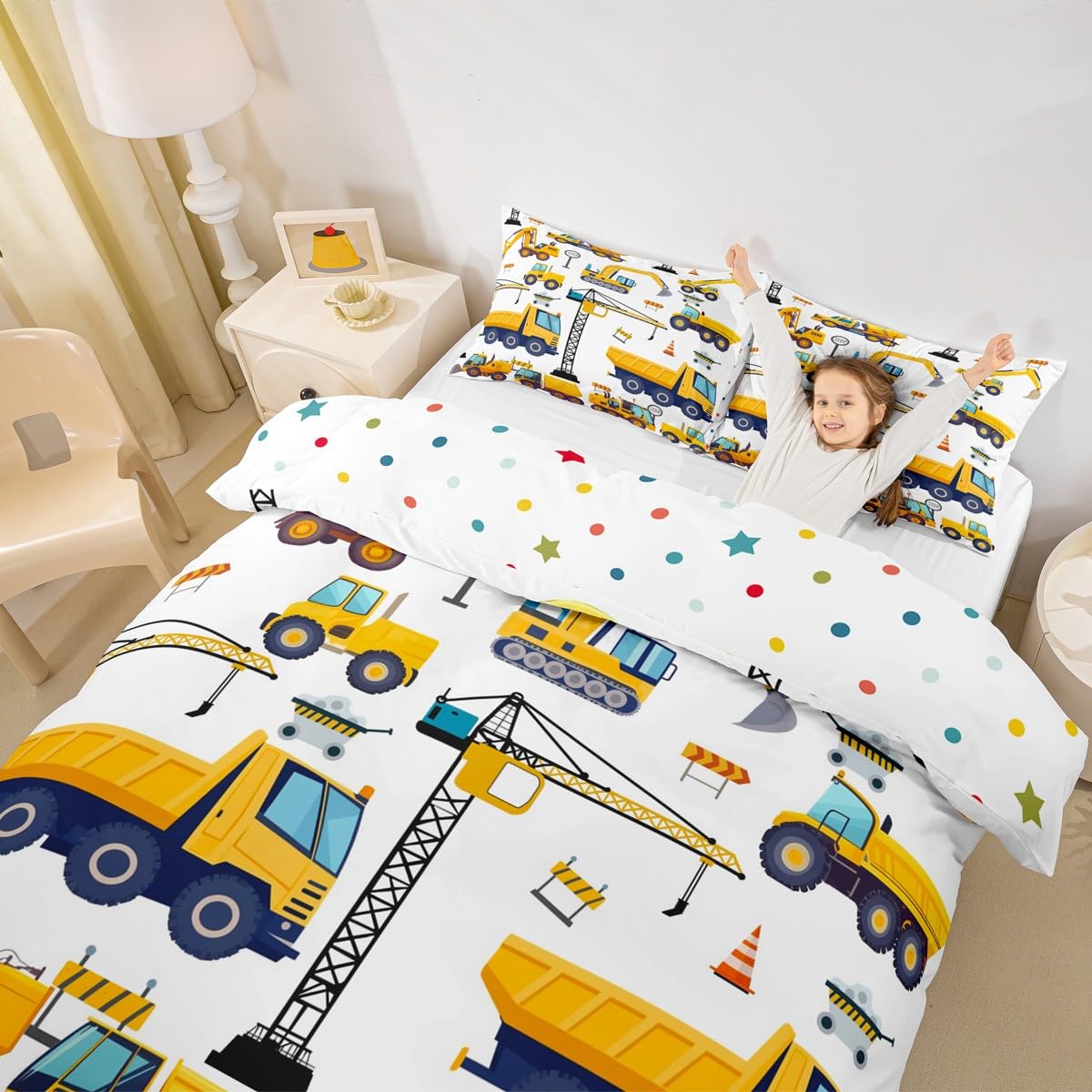 Erosebridal Kids Construction Queen Bedding Sets for Boys,Excavator Trucks Comforter Cover Cartoon Tractor Car Vehicle Toddler Bed Set Yellow Blue (1 Duvet Cover and 2 Pillow Cases)