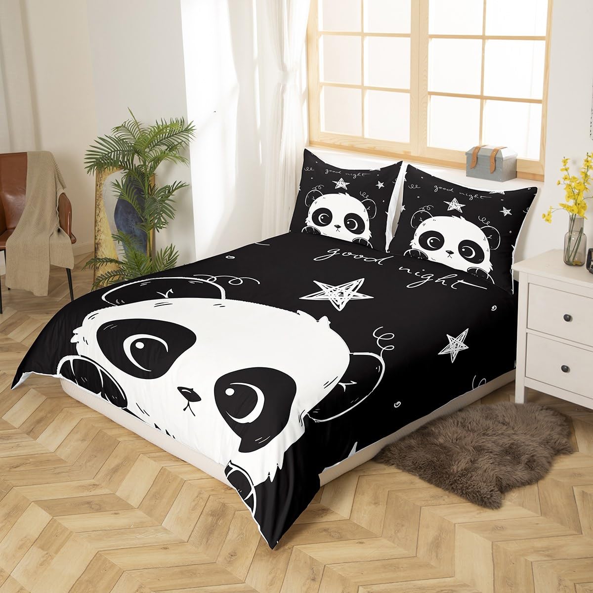 Homewish Panda Bedding Set 3pcs for Kids Boys Girls White Black Comforter Cover Cute Cartoon Pandas Stars Printed Duvet Cover Set Animal Bedspread Cover with 2 Pillow Cases(No Comforter) Queen Size