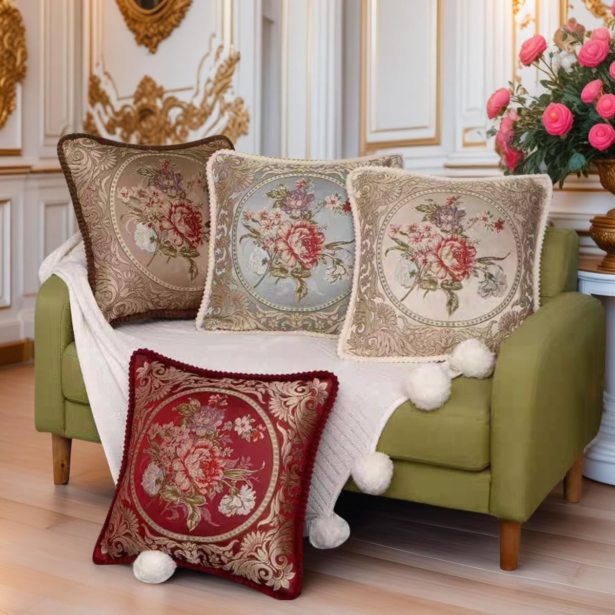 Qupace Set of 2 Vintage Blue Embroidered Throw Pillows Covers 18x18in，Flowers Retro European Pillow Covers for Sofa Couch Cushion Cover for Sofa Bed Chairs Car