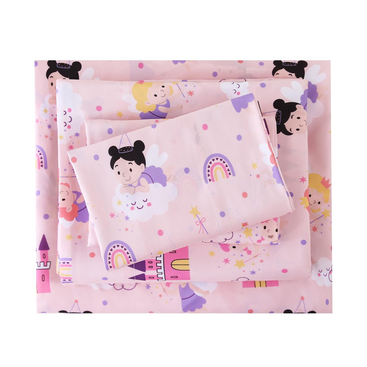 MCO Twin Sheets Set Kids, Soft Microfiber Bed Sheet Set for Boy Girls, 3 Pieces Breathable Twin Sheets Pink Fairy Castle