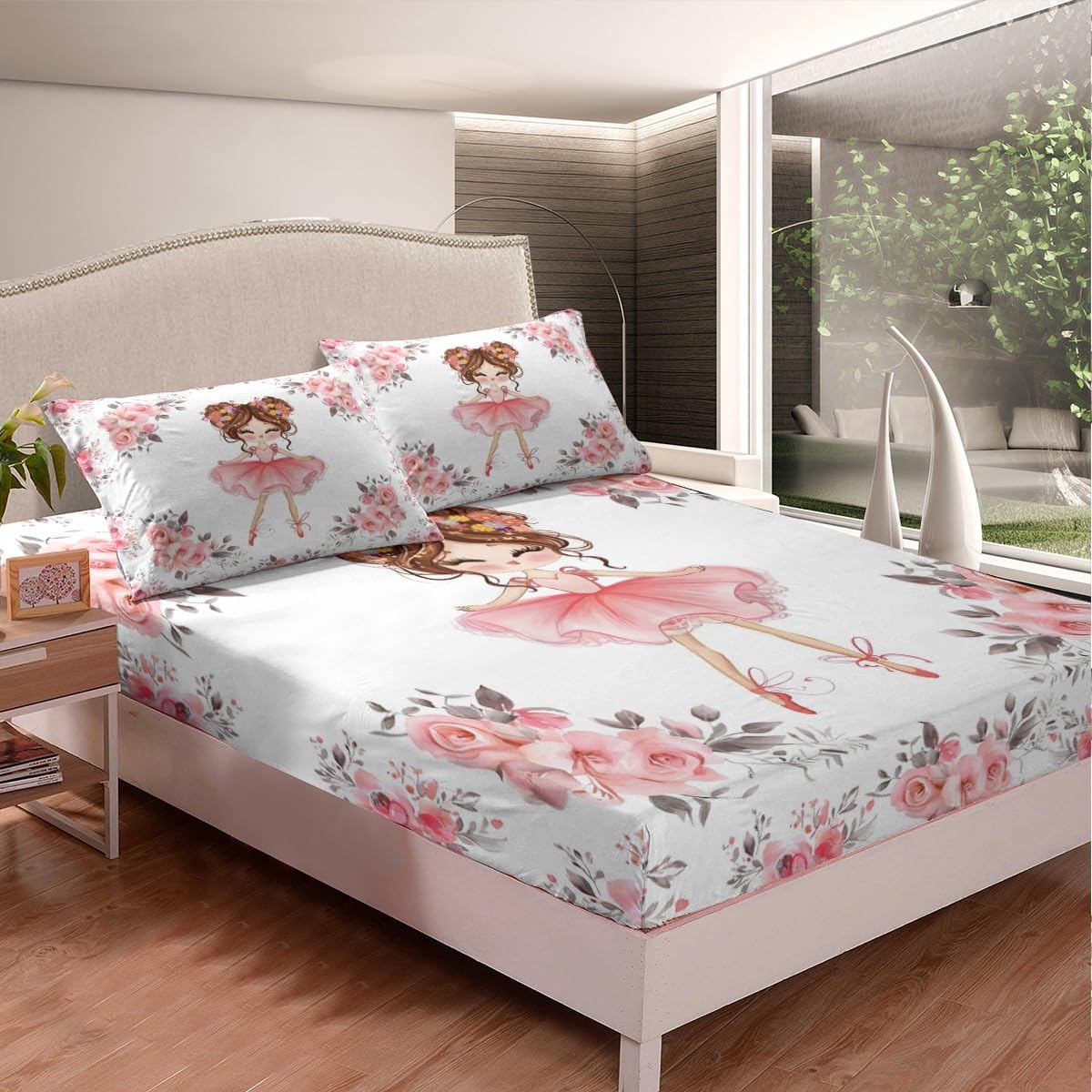 Erosebridal Ballet Bedding Sets Twin for Girls Kids Ballerina Design Fitted Sheet Cute Little Dancers Rose Flower Print Bed Sheets Girly Love Gymnastics Modern Trendy Pink White
