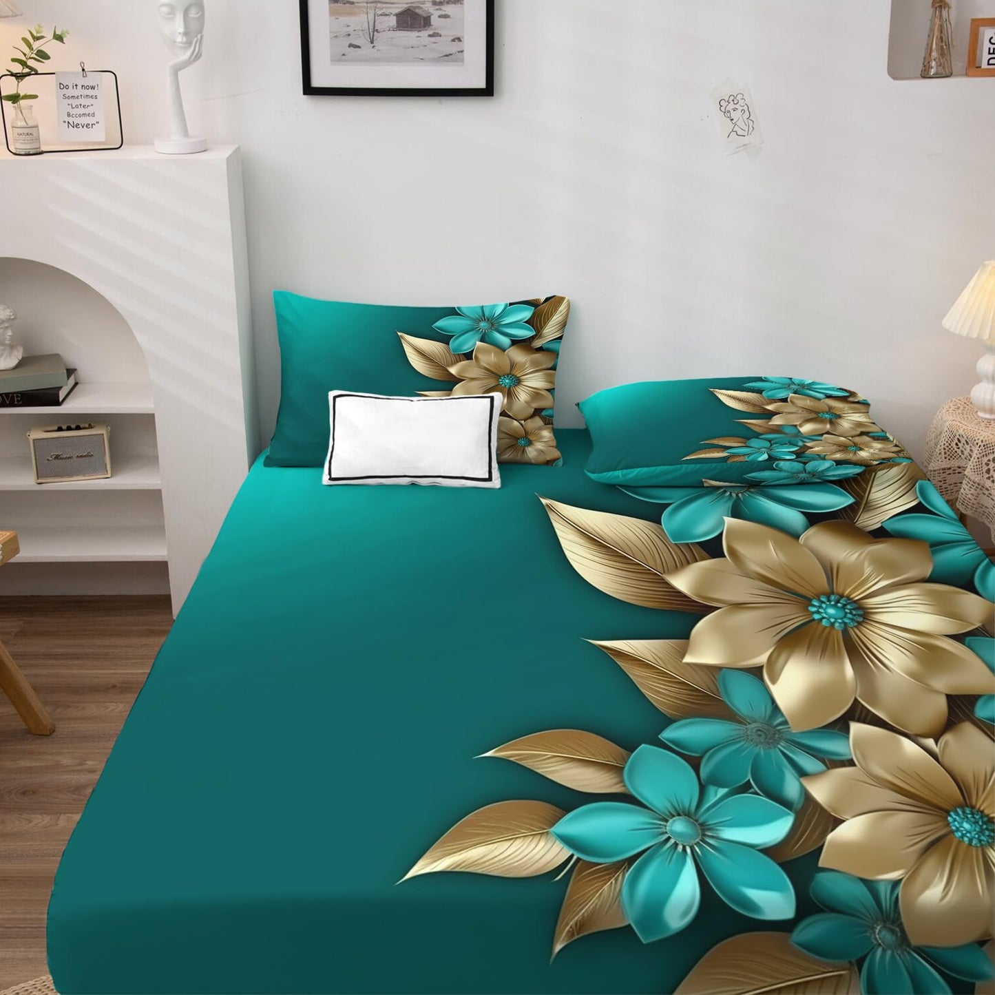 Turquoise and Gold Floral Sheets King Sheet Sets - Abstract Flower Bed Sheets, Soft Microfiber & Deep Pocket & Wrinkle Free Bedding Sheets & Pillowcases, 1 Fitted Sheet, 1 Flat Sheet, 2 Pillow Cases