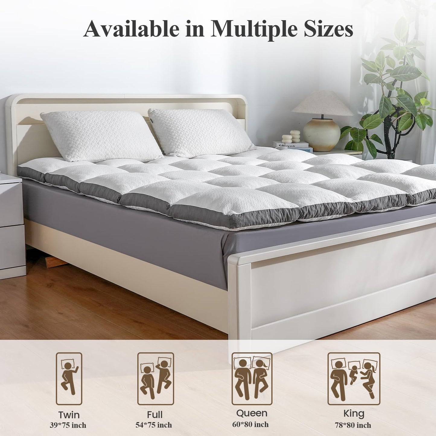 Rainmr Memory Foam Mattress Topper Full - 2000GSM Pillow Top Mattress Topper Full Size, Soft Plush Bed Pad for Pressure Relief & Back Support, White, Oeko-TEX Certified
