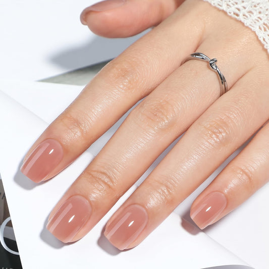 UNA GELLA Short Square Press On Nails, Soft Gel Fake Nails, 32Pcs 16 Sizes Natural Fit False Nails, Sheer Nude Jelly Beige Glossy Glue On Nails with Glue and Adhesive Tabs