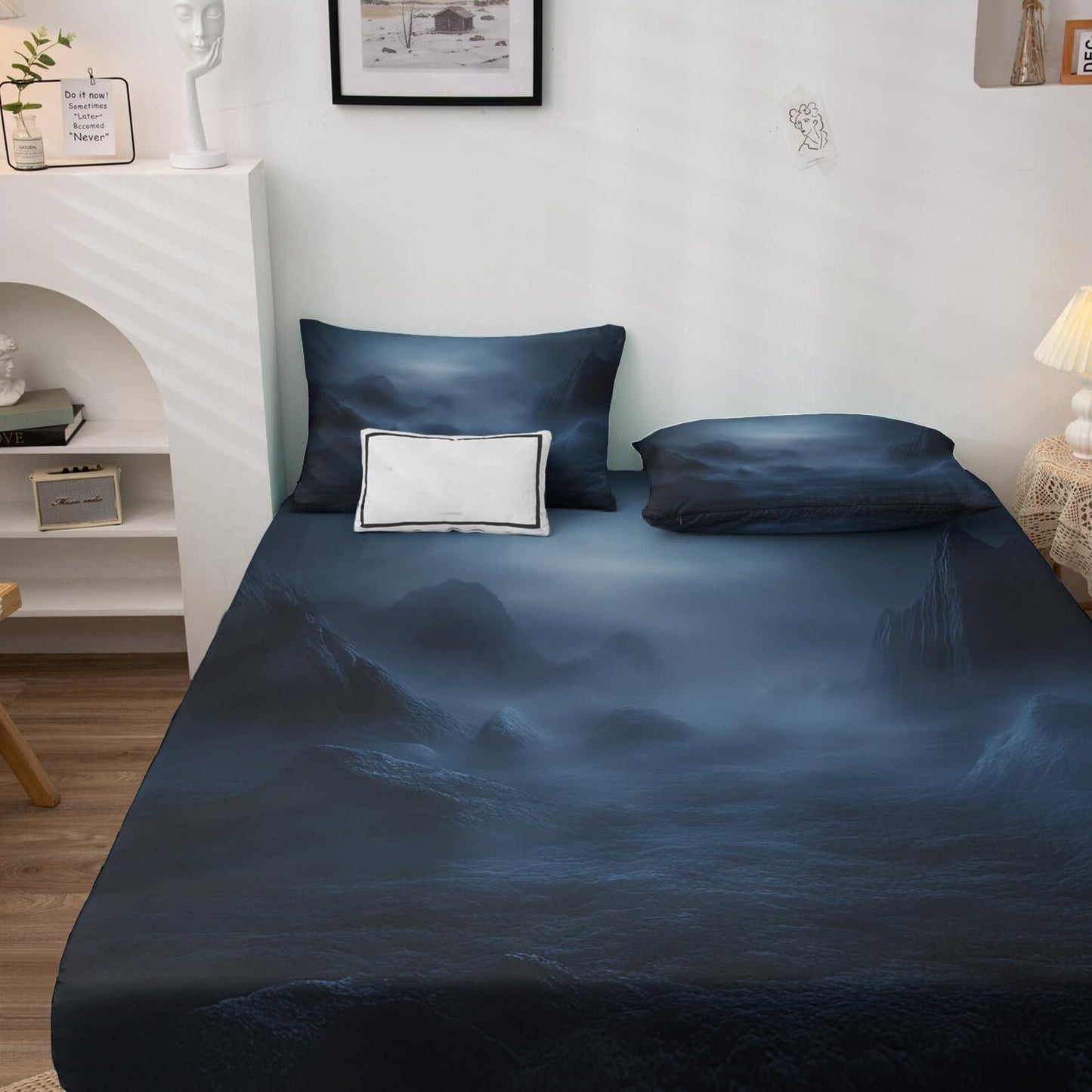 NOGAWA Misty Mountain Sheets King Size, Landscape Bed Sheets, Patterned Bedding Sheets & Pillowcases 4 Piece Set - Soft Microfiber Deep Pocket Fitted Sheet & Flat Sheet & 2 Pillow Cases