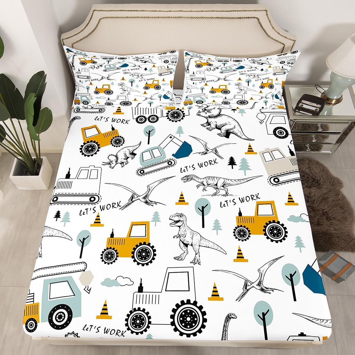 Construction Sheet Set Full Size Kids Cartoon Car Excavator Tractor Toddler Sheets with Deep Pocket Fitted Sheet Equipment Trucks Dinosaur Bed Sheets Set Construction Vehicles White Yellow Bedding Set