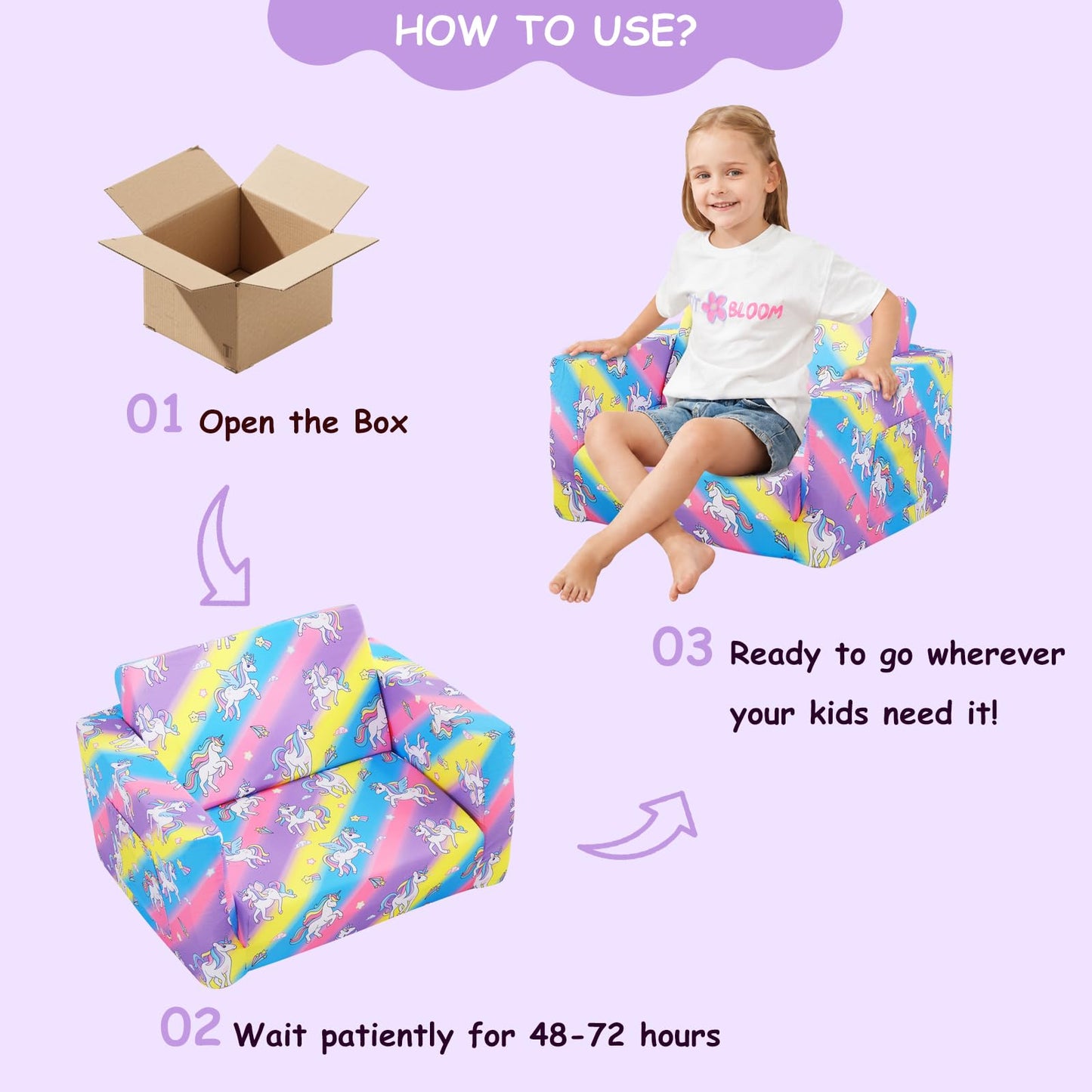 Viviland Toddler Chair, 2-in-1 Kids Couch Bed, Toddler Chairs Comfy 1-3 Years Old Fold Out Convertible Soft to Lounger, Colorful Rainbow Unicorn Baby Couch
