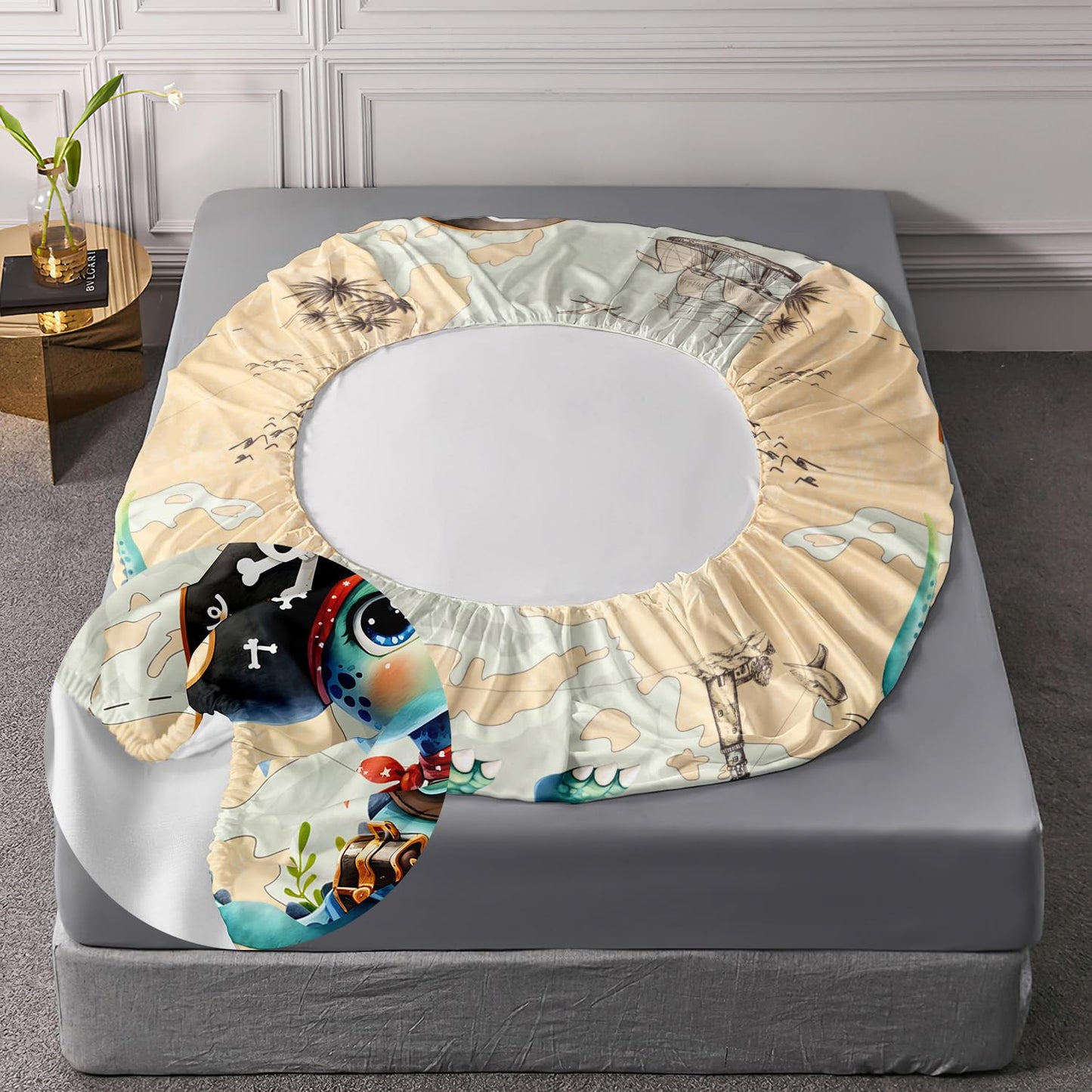 AILONEN Cute Dinosaur Fitted Sheet Set, Twin XL Size, Ocean Map Nautical Pirate Bed Sheet Set, Boys Exploring Captain Dinosaur Fitted Sheet with 2 Pillowcases