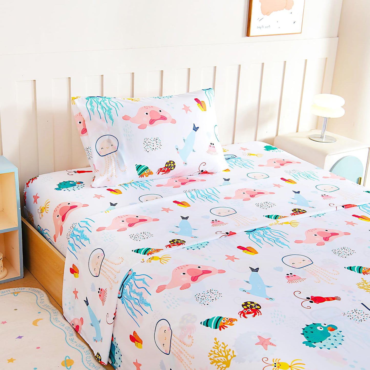 Homilay Full Sheet Set Kids - Ocean Shrimp Crab Fish 4 Pieces Soft Microfiber Cartoon Style Bedsheets for Boys Girls Teens, Oeko TEX Breathable 15 Inch Deep Pocket Sheets(Marine Animals)