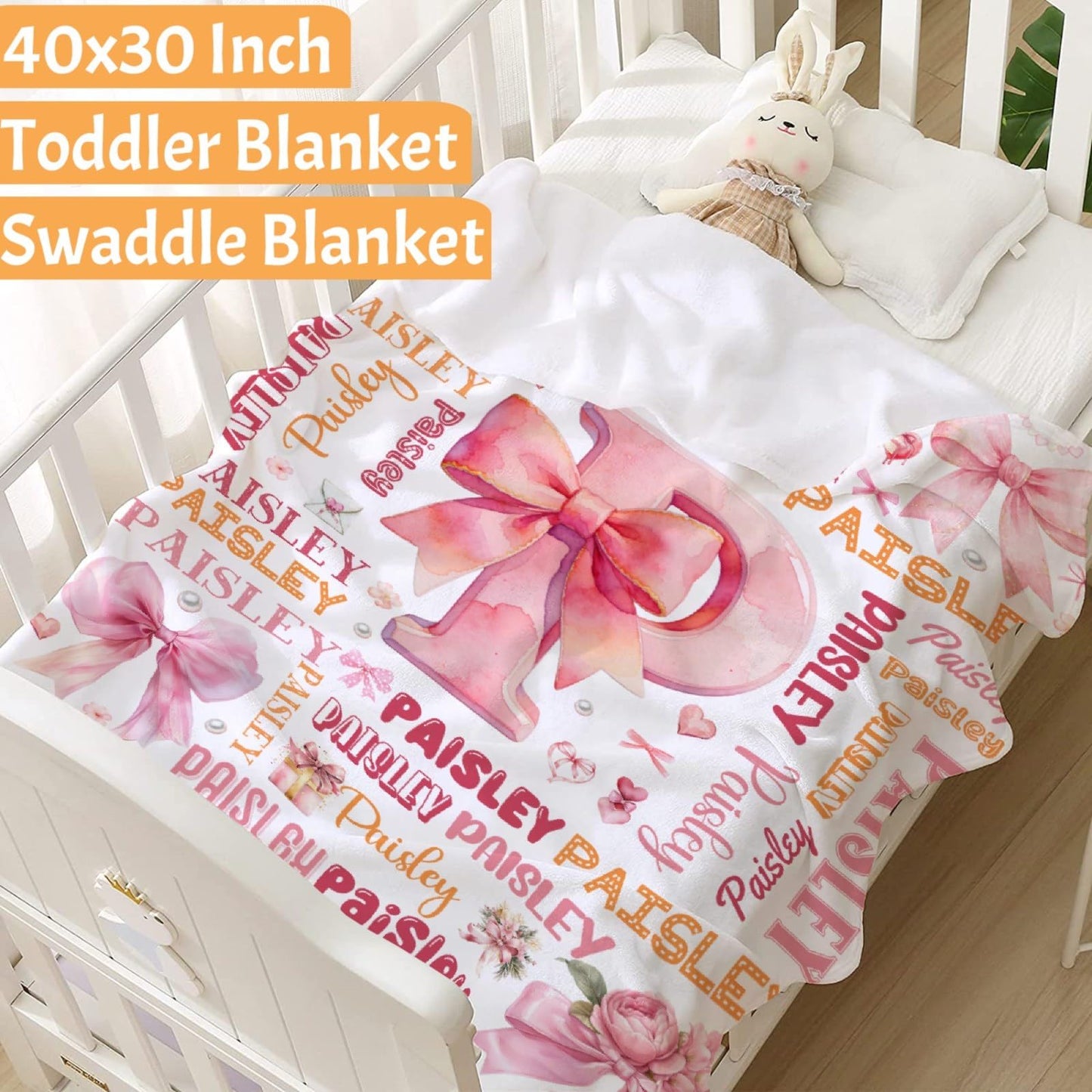 Custom Bow Blanket,Personalized Bow Gifts,Soft Flannel Throw for Bed Sofa,Lightweight,40 x 30in