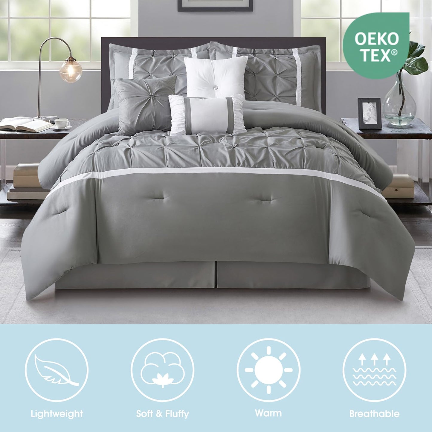 LANCO MODERN LIFESTYLE Grey Comforter Set, King, 7 Piece Bed in a Bag, Microfiber Handcrafted Pintucking, All Season Bedding Set with Comforter, Bedskirt, Pillow Shams and Decro Pillows