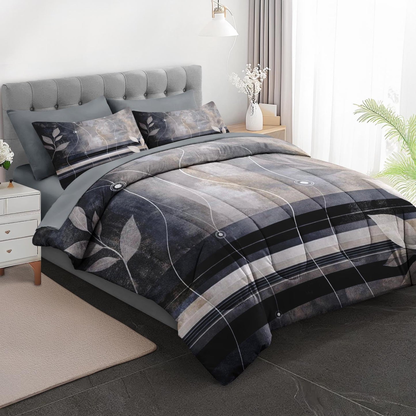 Boewywh Comforter Set Twin Size Abstract Leaf Modern 7 Pcs, Bedding for Kids and Adults, Bed Sheet Sets with Fitted Sheet 2 Pillowcases & 2 Shams for Bedroom Bed Decor