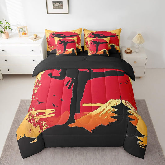 Feelyou Kids Taekwondo Comforter Set Full Size 7 Pieces Kungfu Karate Sunset Bedding Set Martial Art Japanese Style Japanese Sports Bed in a Bag with Comforter, Sheets, Pillowcases & Cushion Cover