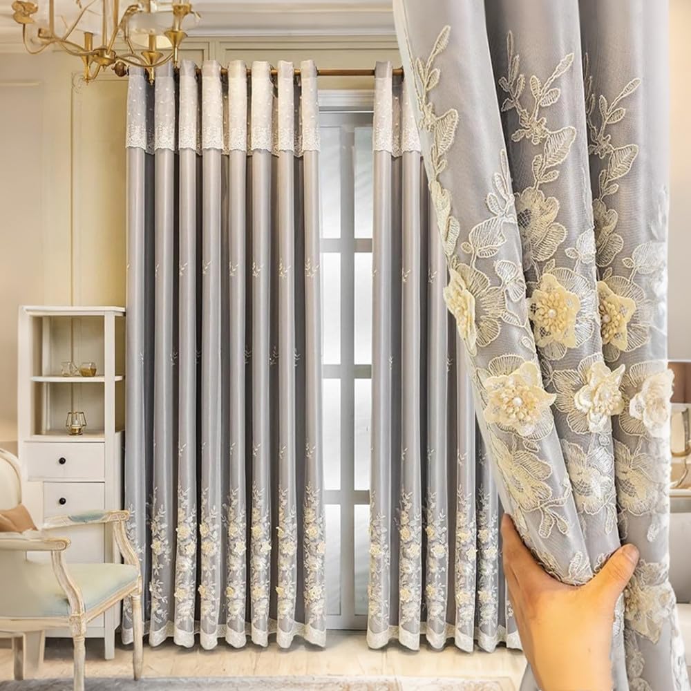Amidoudou 1 Pair European 3D Flower Luxury Embroidered Curtains Double Layer Curtains with Valance for Living Room Bedroom (Grey,52x96 Inch)