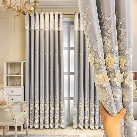 Amidoudou 1 Pair European 3D Flower Luxury Embroidered Curtains Double Layer Curtains with Valance for Living Room Bedroom (Grey,52x96 Inch)