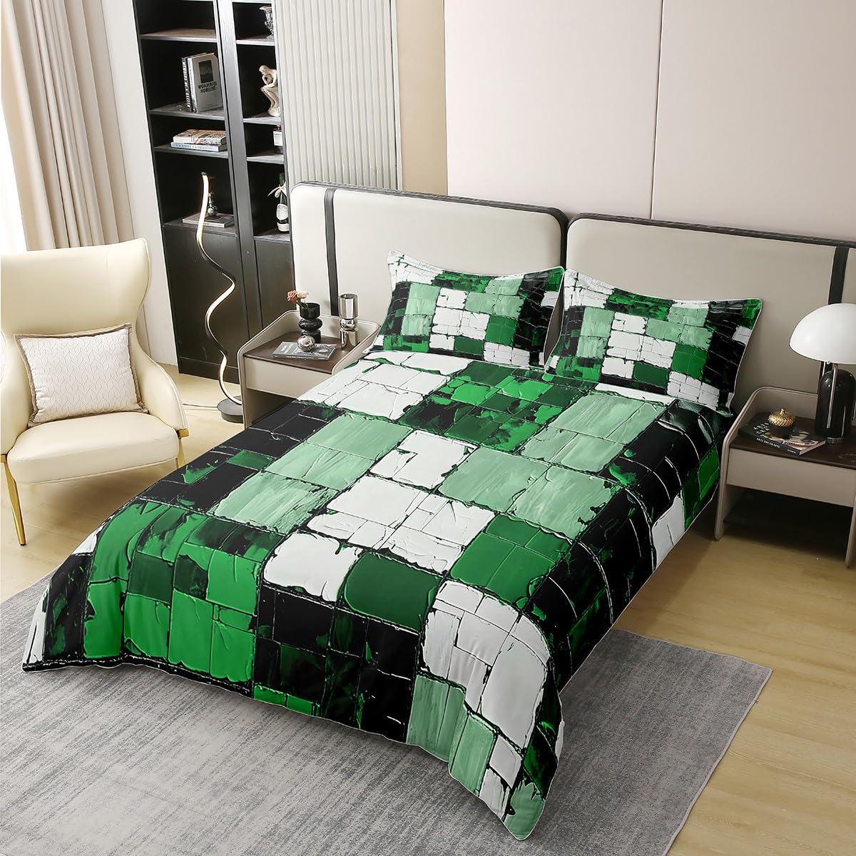 jejeloiu Green Black Abstract Duvet Cover 100% Cotton Geometric Minimalist Square Bedding Set Queen Size for Kids Boys Girls Modern Abstract Art Comforter Cover（No Comforter）