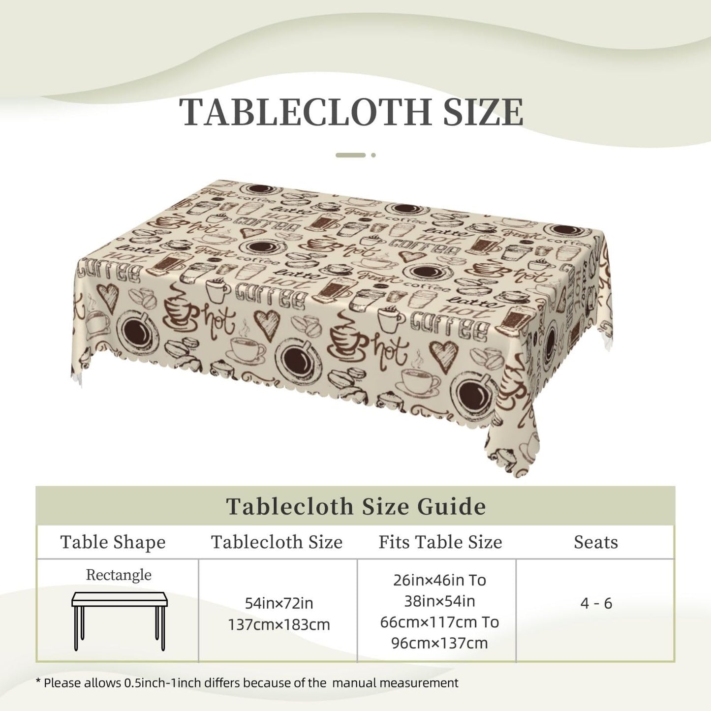 VIMPEYDON Coffee Print Tablecloth Rectangle Table Cloths for Dining Tables, Love Coffee Cup Beans Tablecloths Reusable Tabletop Decoration Table Covers for Kitchen,Holiday,Picnic,Party, 54x72 Inch