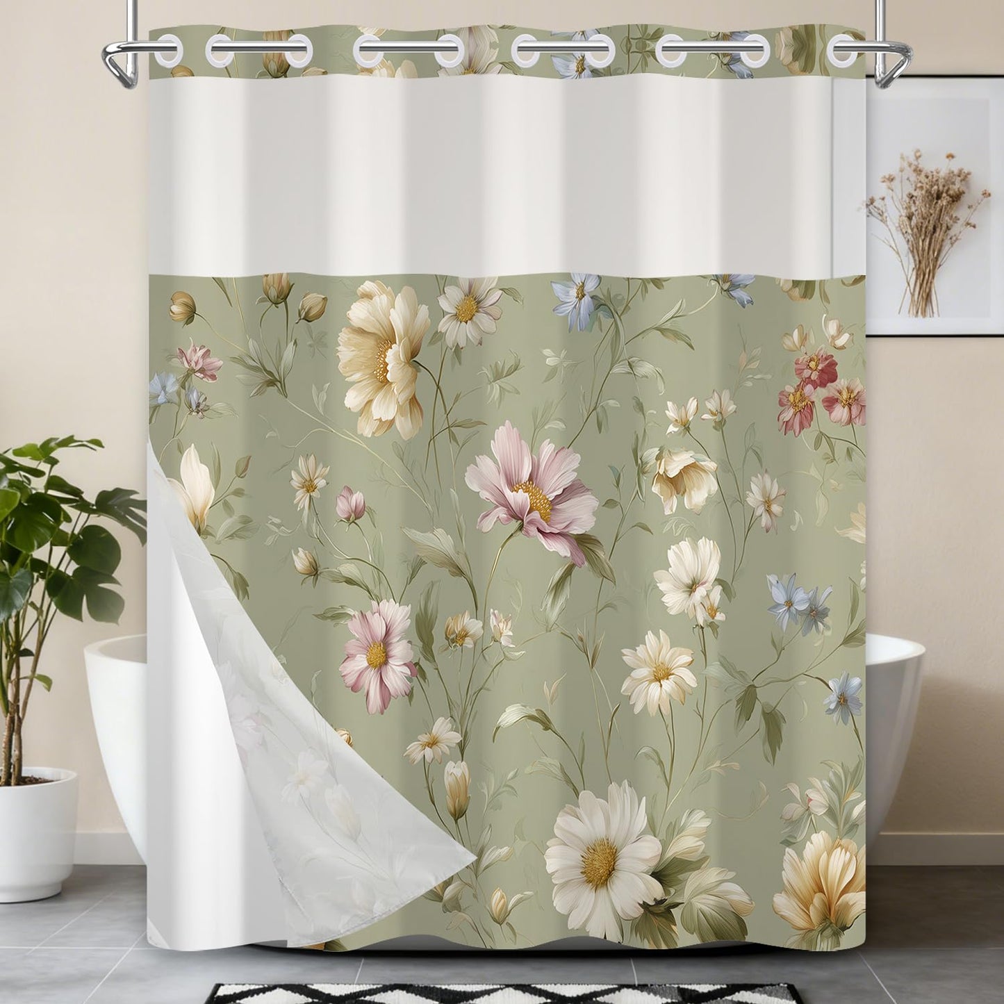 Xiazhilaio No Hook Floral Shower Curtain with Snap in Liner