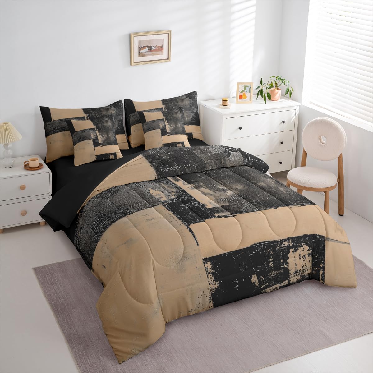 Feelyou Abstract Comforter Set with Sheets 7 Piece King Size Modern Abstract Art Bed in a Bag Kids Boys Girls Luxury Bedding Set Geometric Bedroom Decor Black Brown Soft Lightweight Microfiber