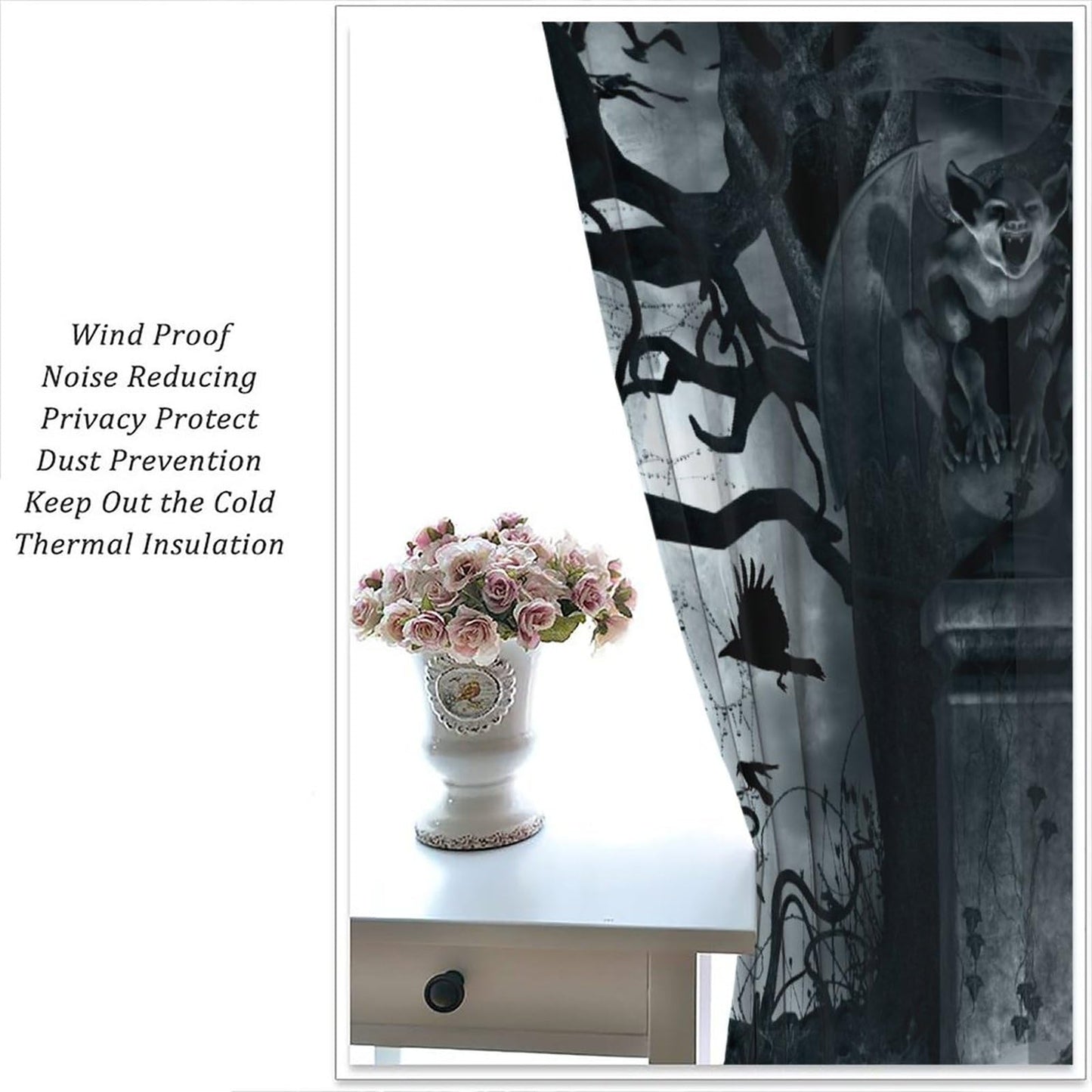 Gothic Curtains,Terror Themed Demon Skeleton Crow Dark Forest Window Treatments for Bedroom Living Room Kitchen Horror Halloween Window Drapes 2 Panel Set,Total Size 42 x 45 Inch