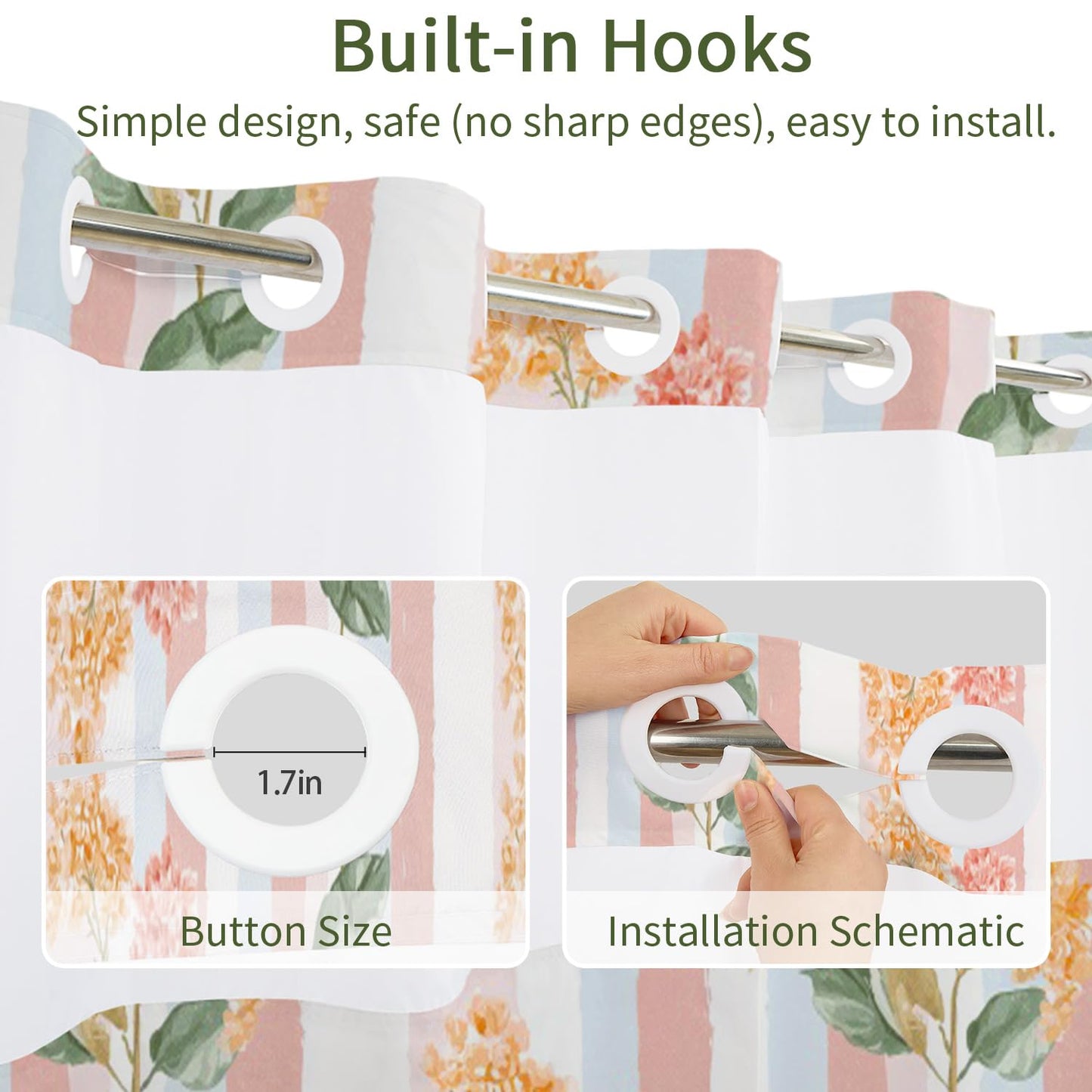 NAEMBCU Boho Floral No Hook Shower Curtain with Snap in Liner Set 71x74 in