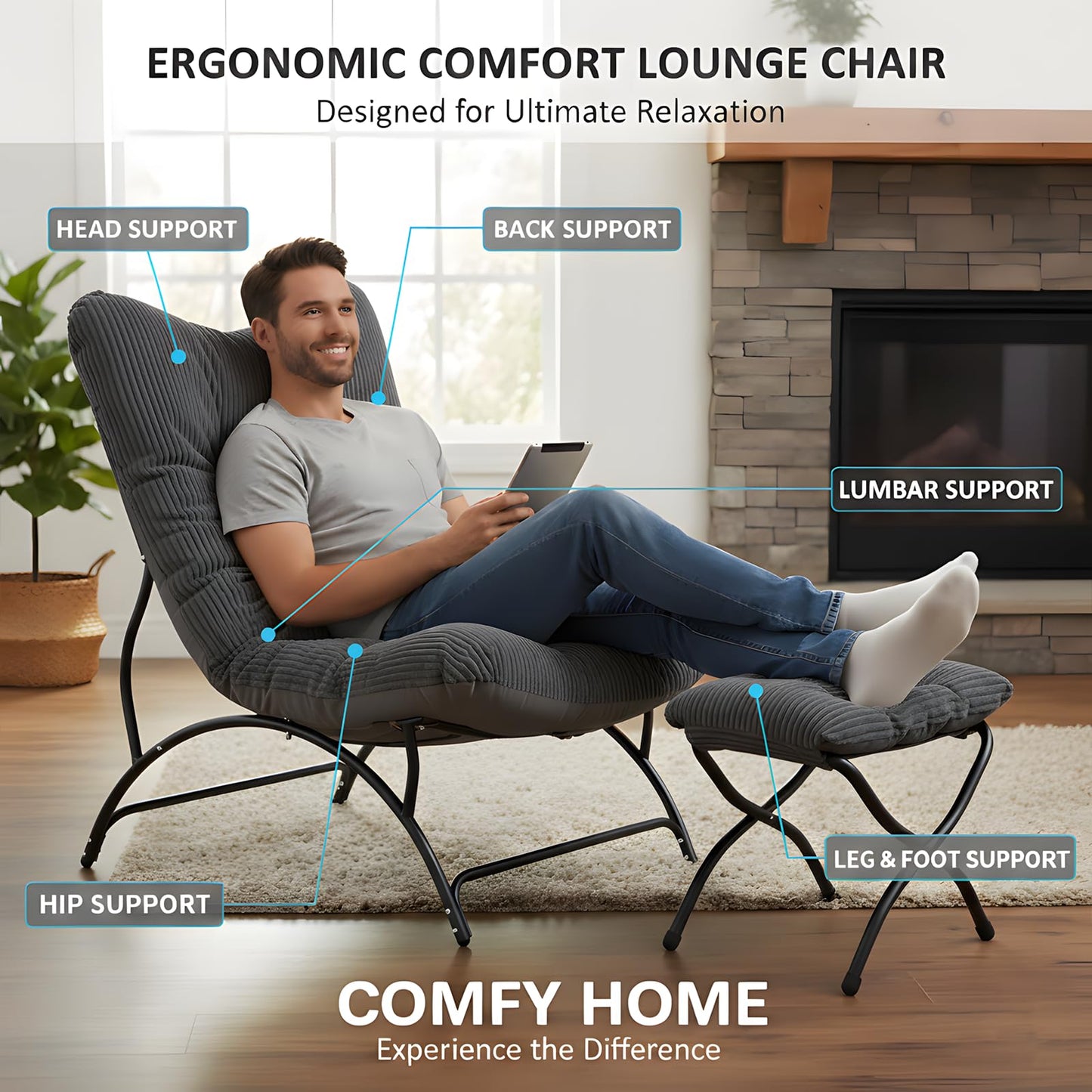 Welnow Modern Accent Chair with Ottoman, Upholstered Comfy Lounge Recliner Sofa, Thick Cushion Oversized Lazy Reading Chair with Footrest for Living Room, Bedroom, Apartment, Office, Dorm, Dark Grey