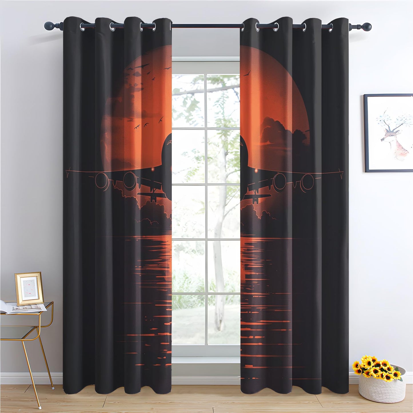 Phtbz Airplane Sunset Curtains 45 Inch Length 2 Panels Set, Aviation Aircraft Patterned Blackout Curtains for Bedroom, Living Room Decor, Room Darkening Thermal Insulated Grommet Drapes