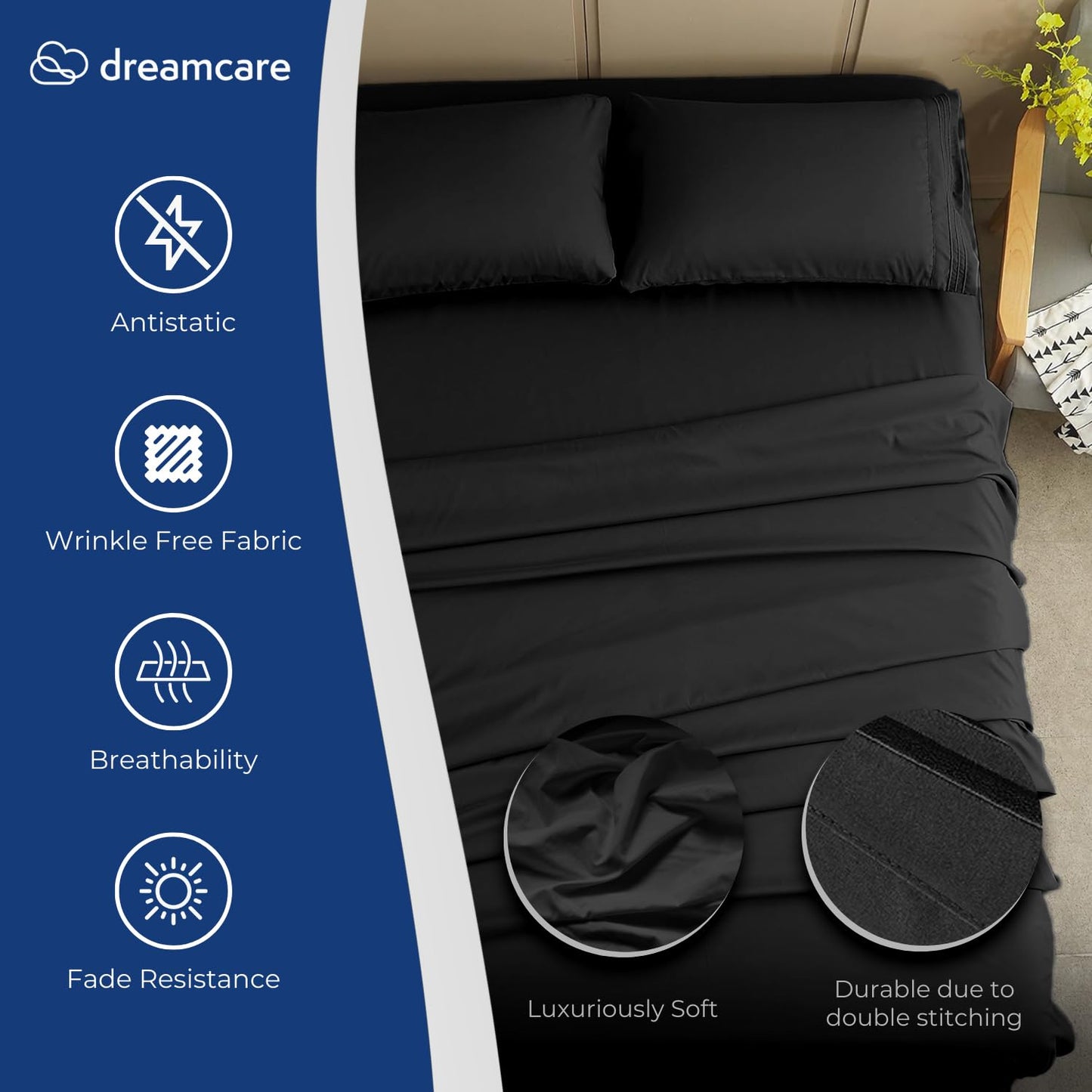 DREAMCARE King Size Sheets Set - 4 pcs Breathable Cooling Sheets - up to 15" Deep Pocket King Sheet Set with Side Pockets - Extra Soft 100% Brushed Hypoallergenic Hotel Luxury Bedding Black
